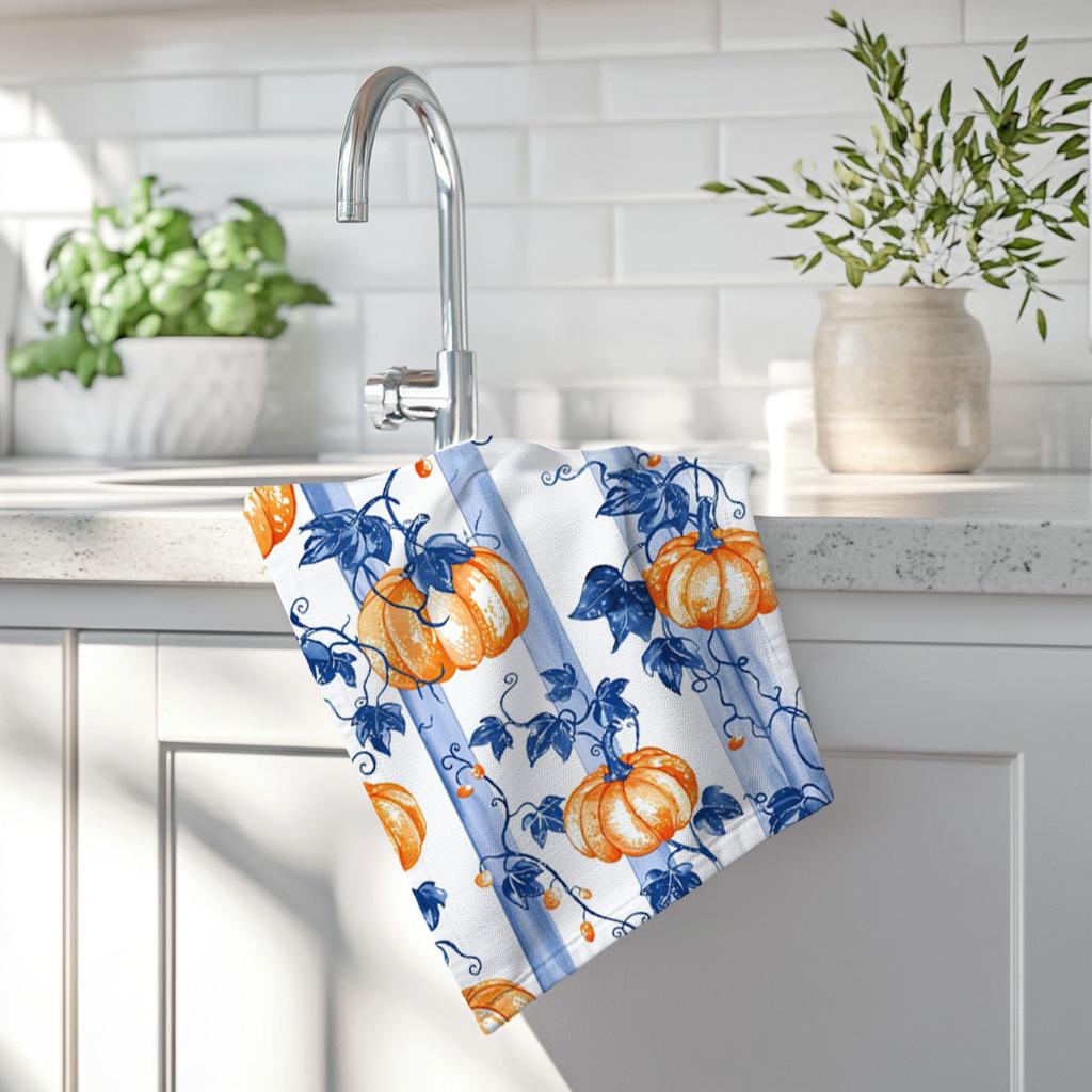 Personalized Toile Pumpkin Tea Towel Set - Blue & Orange Farmhouse Fall Decor