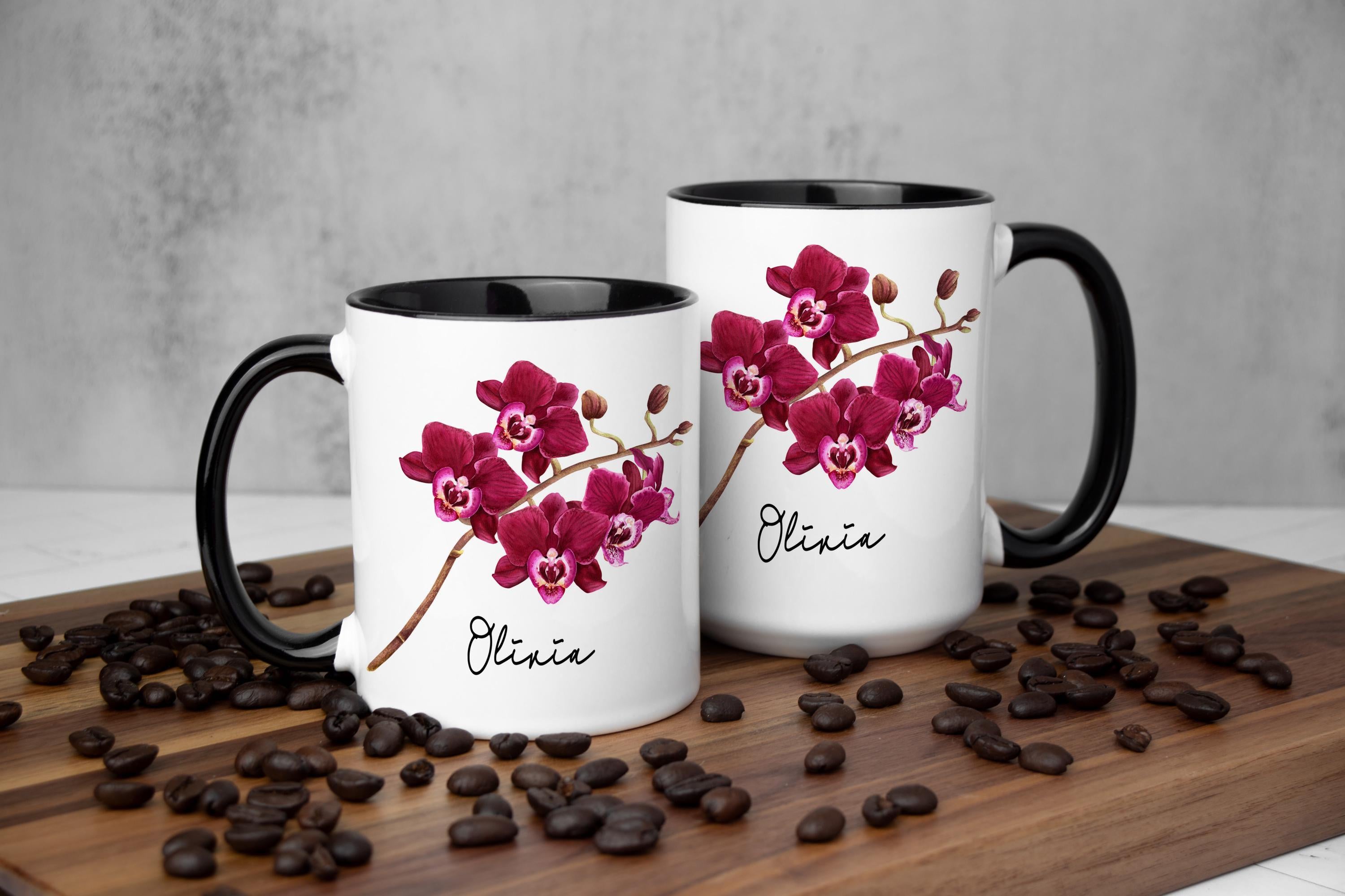 Orchid Floral Coffee Mug: Custom Name, Multiple Sizes & Colors Available (Giftbox Included)