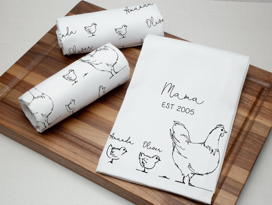 Personalized Hen & Chicks Tea Towel Set: Farmhouse Kitchen Decor