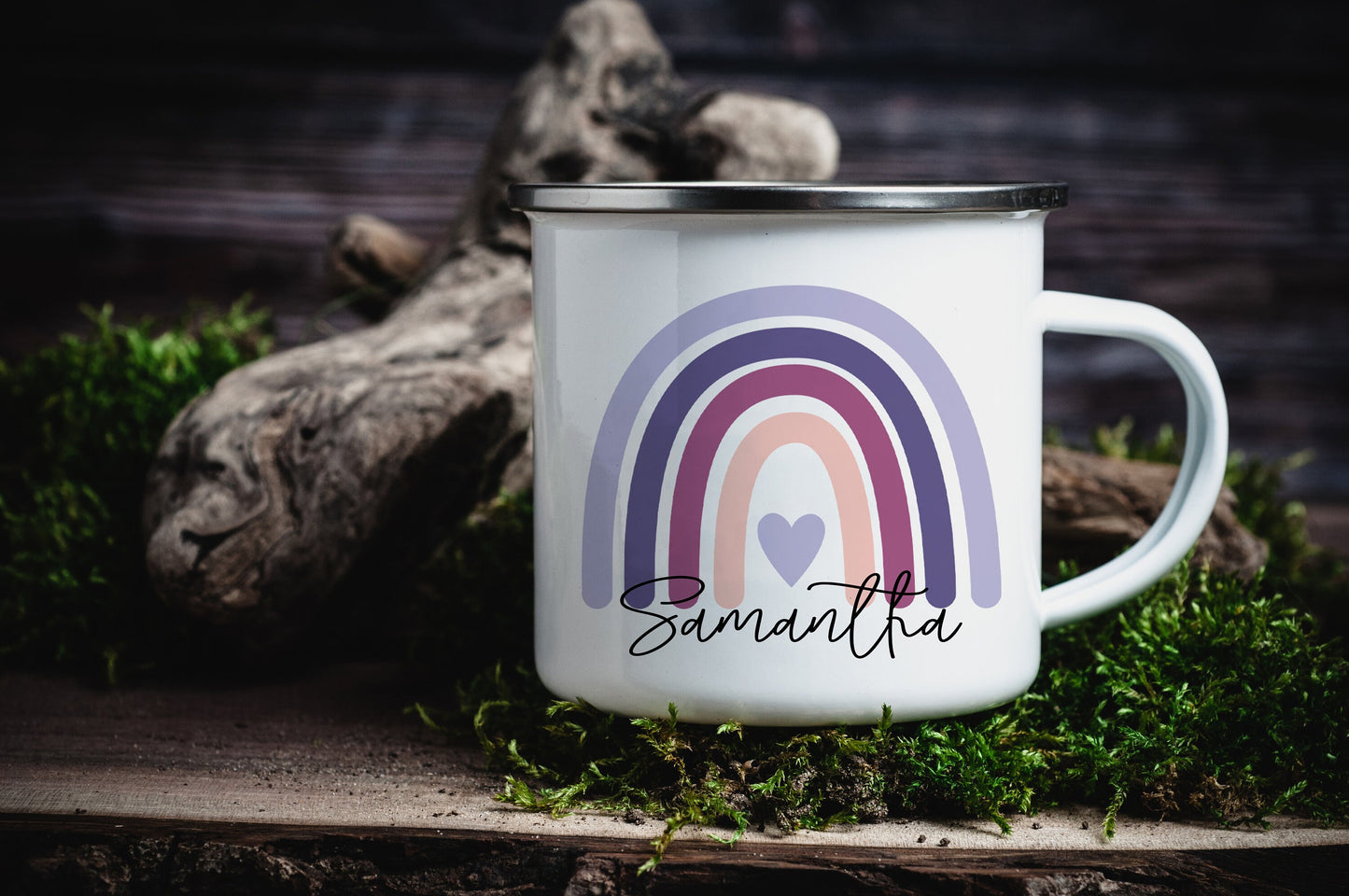 12oz/18oz Personalized Rainbow Camp mug, Custom Purple Enamel Mug, Children's Name Mug, Custom Kids Mug, Kid's Party favor gift ideas