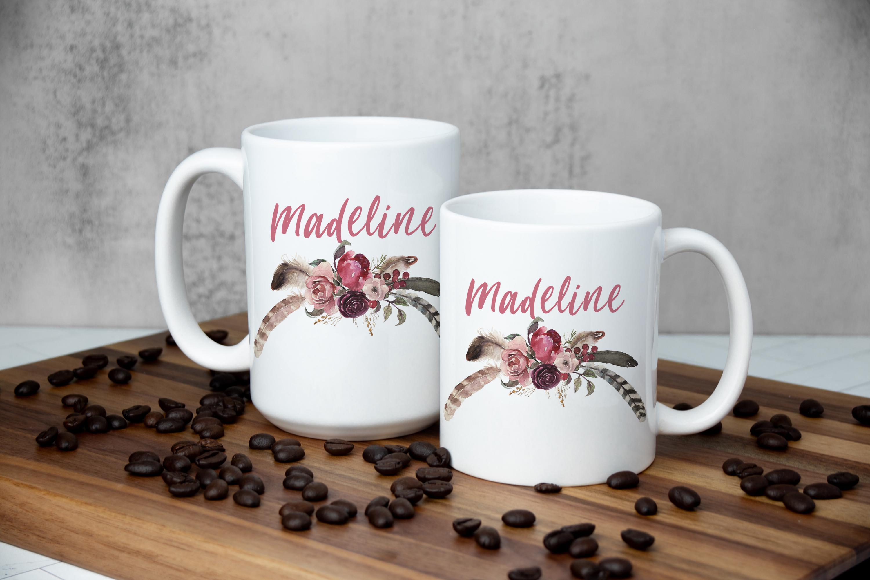 Personalized Floral Mug: Pink Mauve Feathers, Custom Name Gift