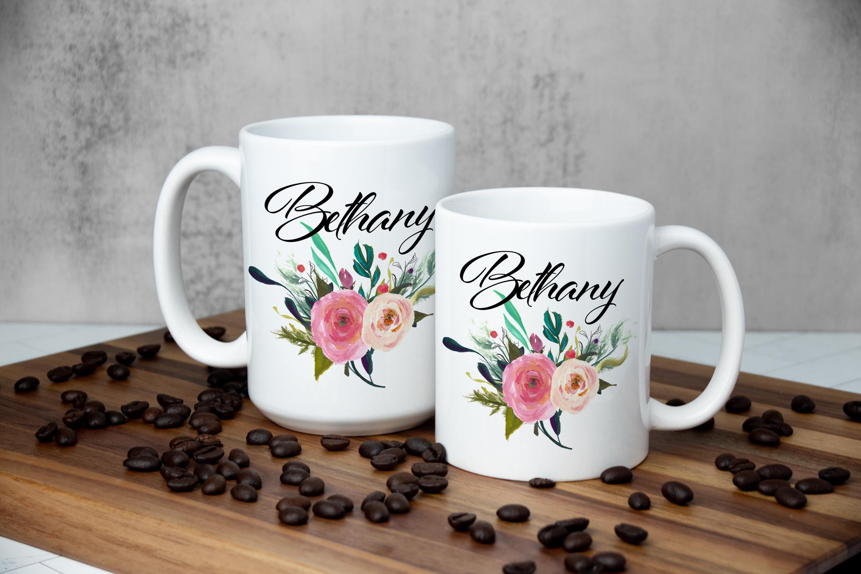 Personalized Pink Floral Coffee Mug – Custom Name Gift, Multiple Sizes & Colors Available