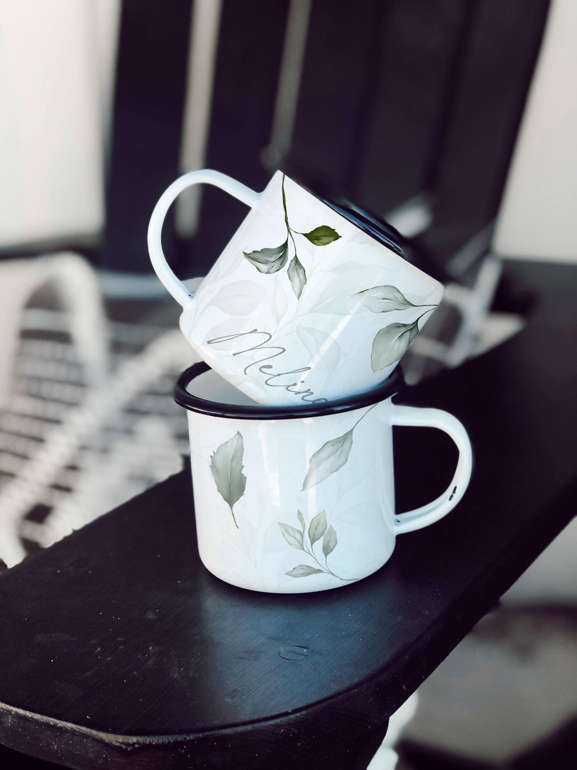 Personalized Enamel Camp Mug: Rustic Leaf Design, Nature Lover Gift