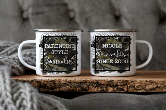 12oz/18oz Parenting Style Survivalist Camo Camping Mug, Mug for Parents, Funny Parent Gift, Durable Outdoor Mug, Perfect Gift for Moms/Dads