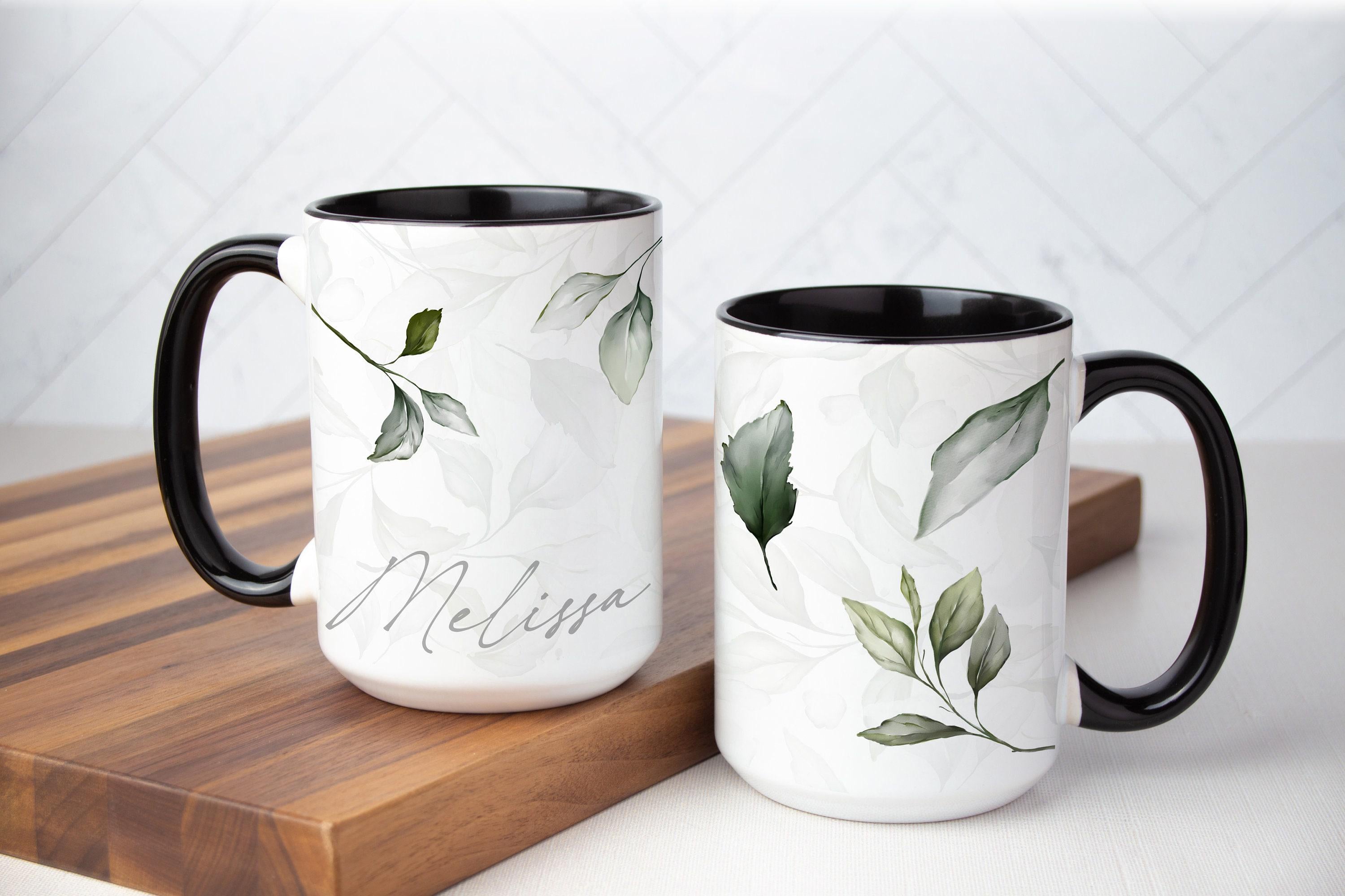 Personalized Green Leaf Coffee Mug: Silver Design, Multiple Sizes & Colors Available