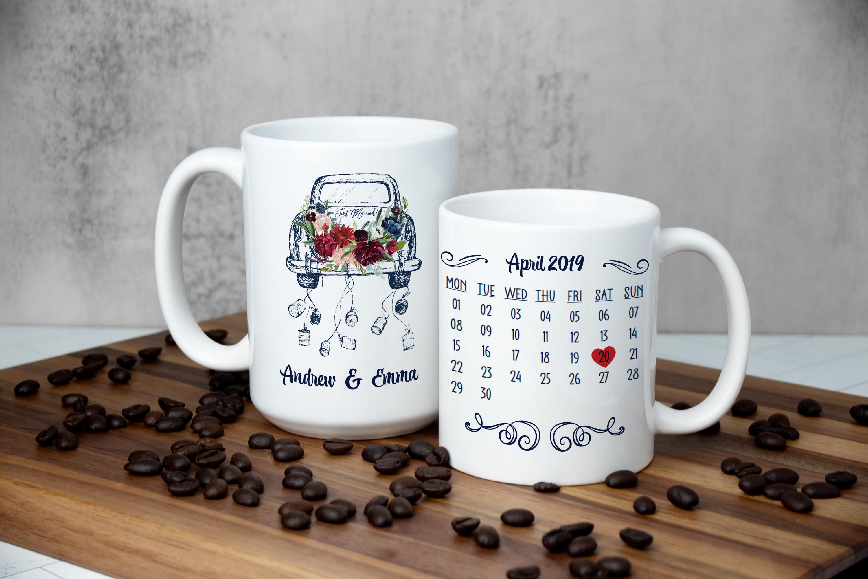 Personalized Wedding Car Coffee Mug: Custom Anniversary Calendar Date Gift