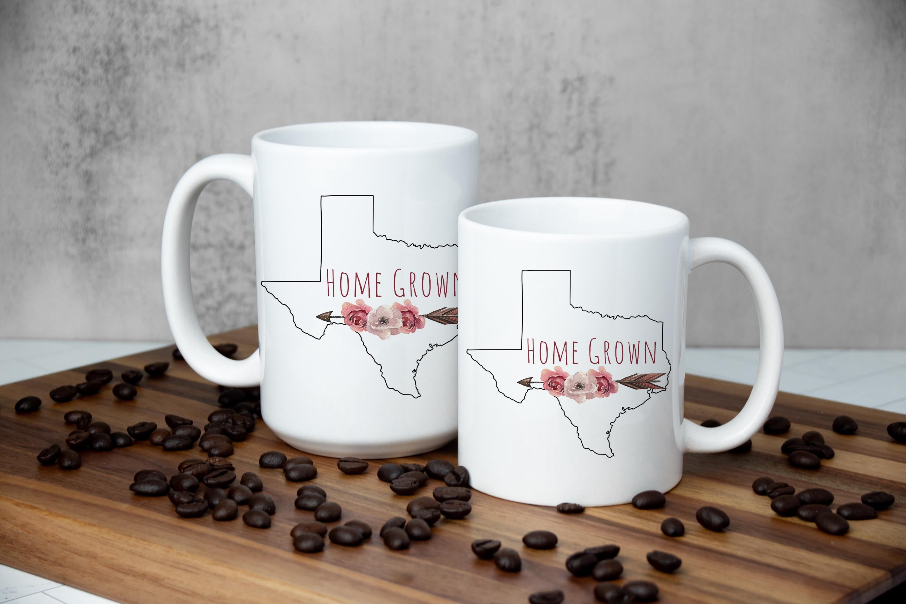 Texas State Home Grown floral Coffee mug for women, custom gift for her, gift for mom/daughter, 11oz and 15oz in White and w/Black Accent
