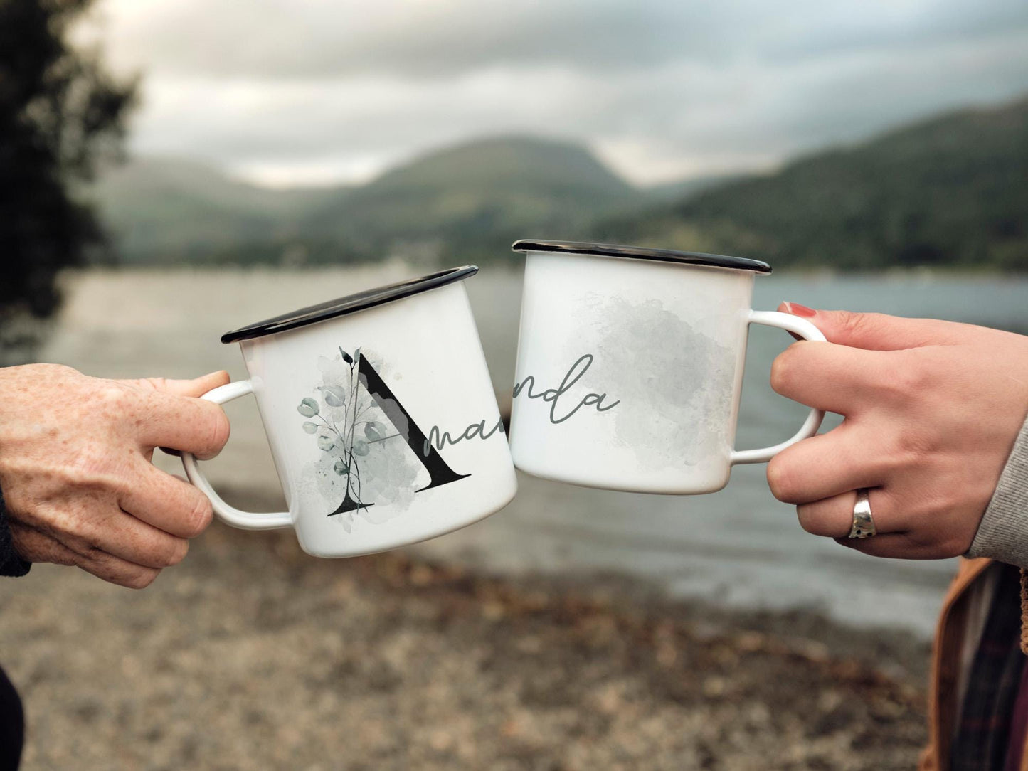 12oz/18oz Personalized Enamel Camp Cup with Green Hues, Monogram Name Mug, Outdoor Adventure Gear for her in silver & black rim