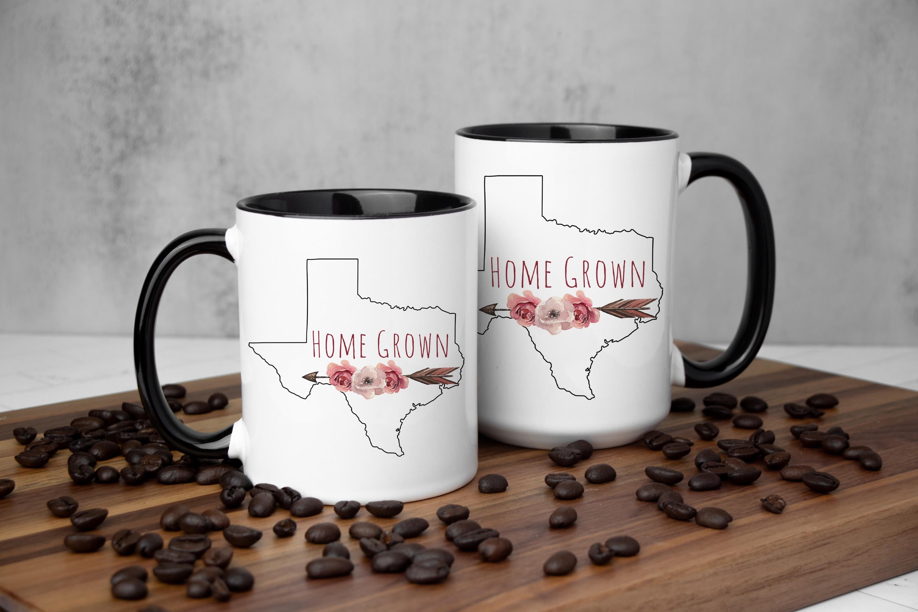 Texas State Home Grown floral Coffee mug for women, custom gift for her, gift for mom/daughter, 11oz and 15oz in White and w/Black Accent
