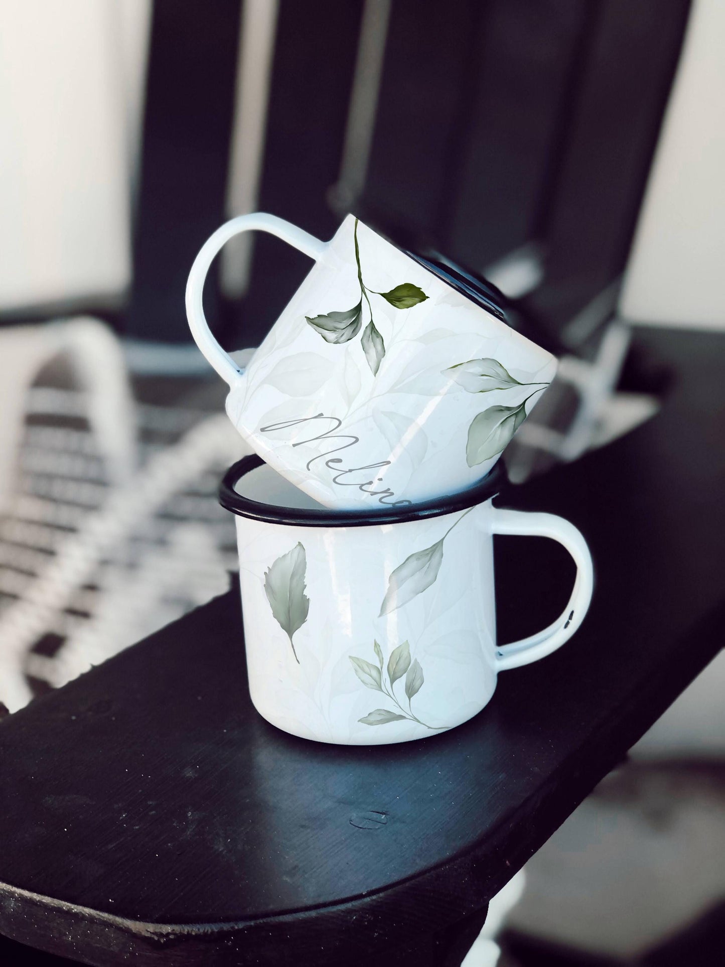 12oz/18oz Rustic Personalized Enamel Camp Cup with Leaf Motif, Nature Lover Gift, Outdoor Adventure Gear for her/him in silver & black rim