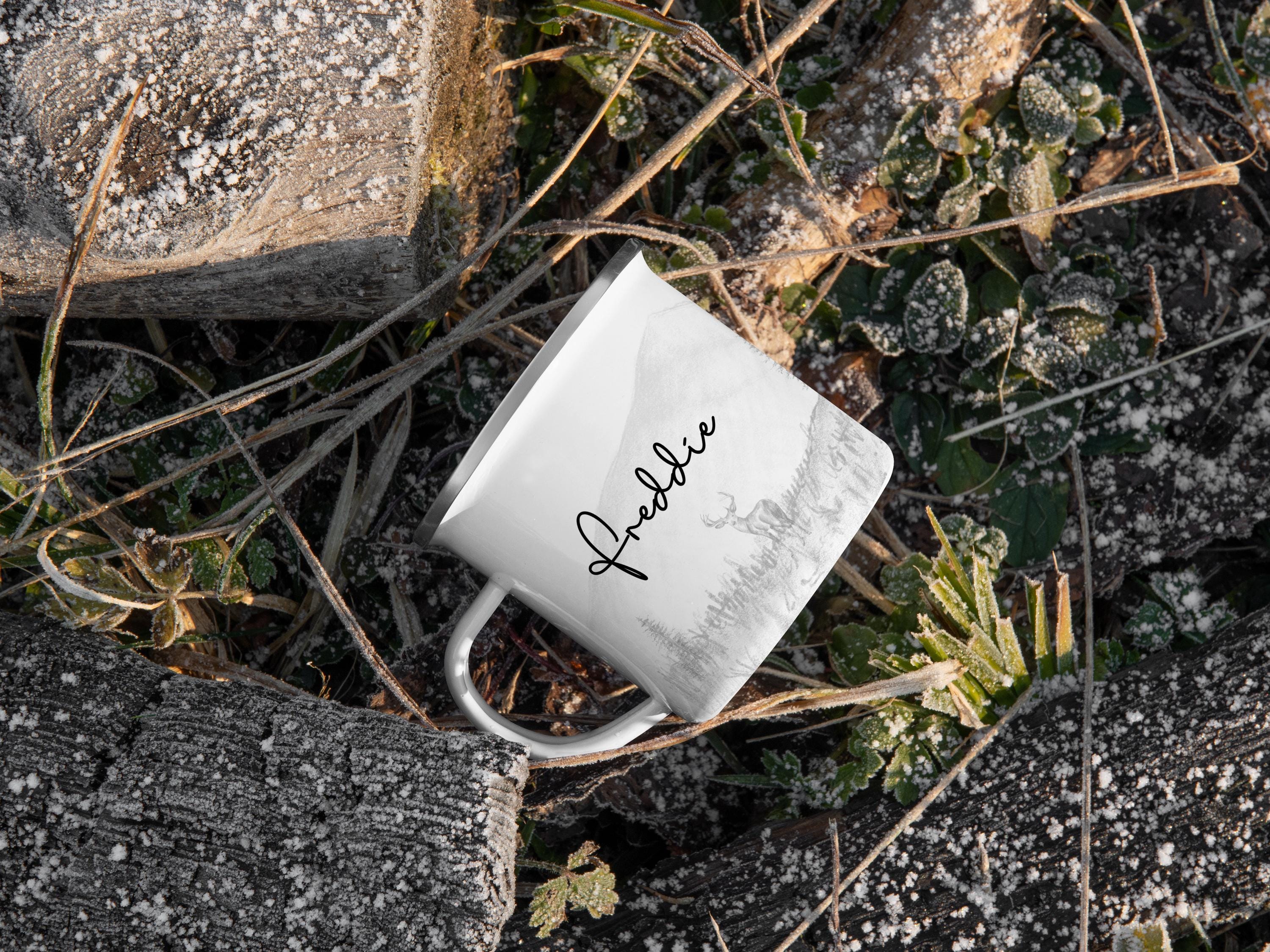 Personalized Deer Camp Mug: Hand-Sketched Nature Scene, Multiple Sizes & Colors Available