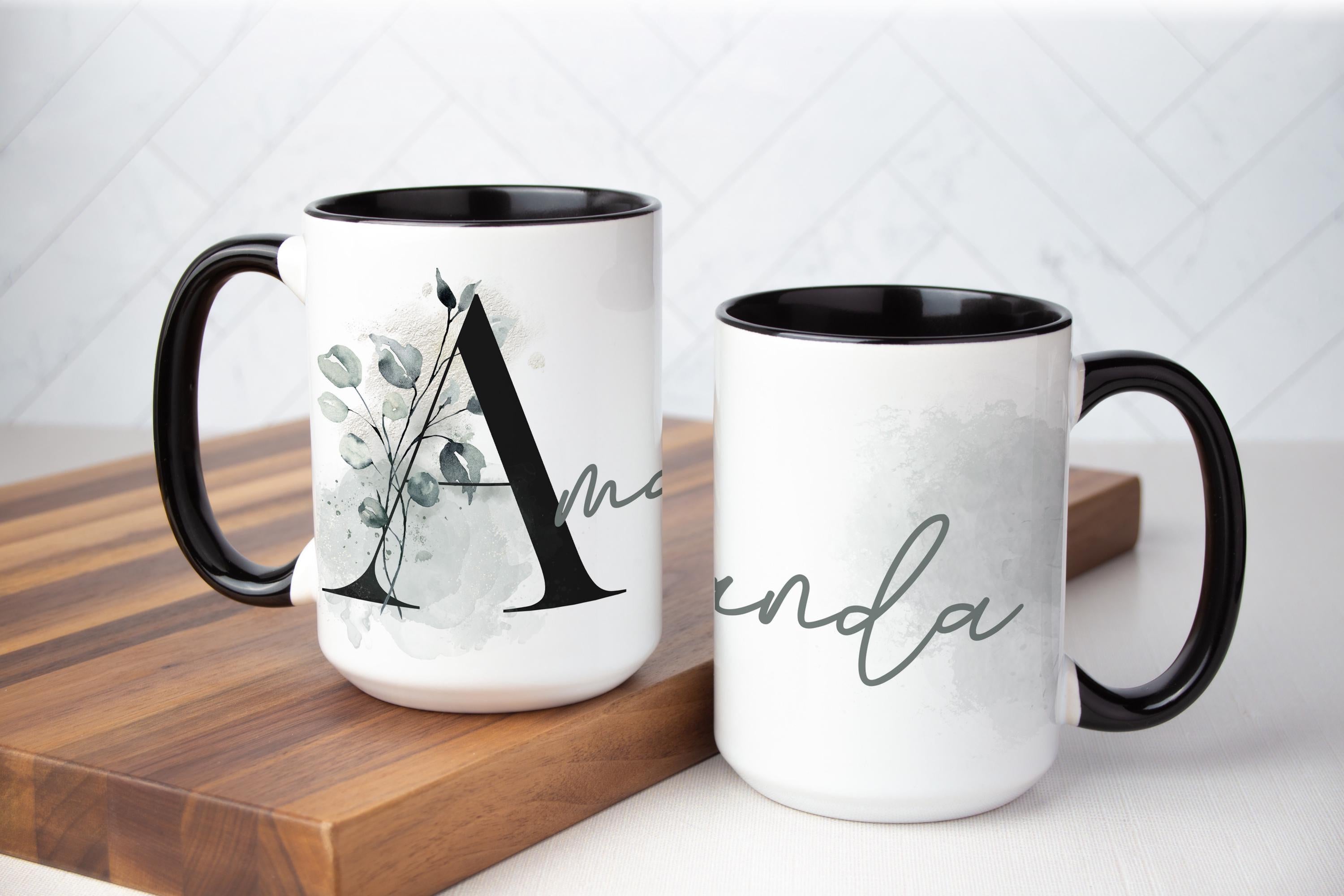 Personalized Monogram Mug: Fleur Verte Foliage Coffee Cup, Multiple Sizes & Colors Available (Giftbox Included)