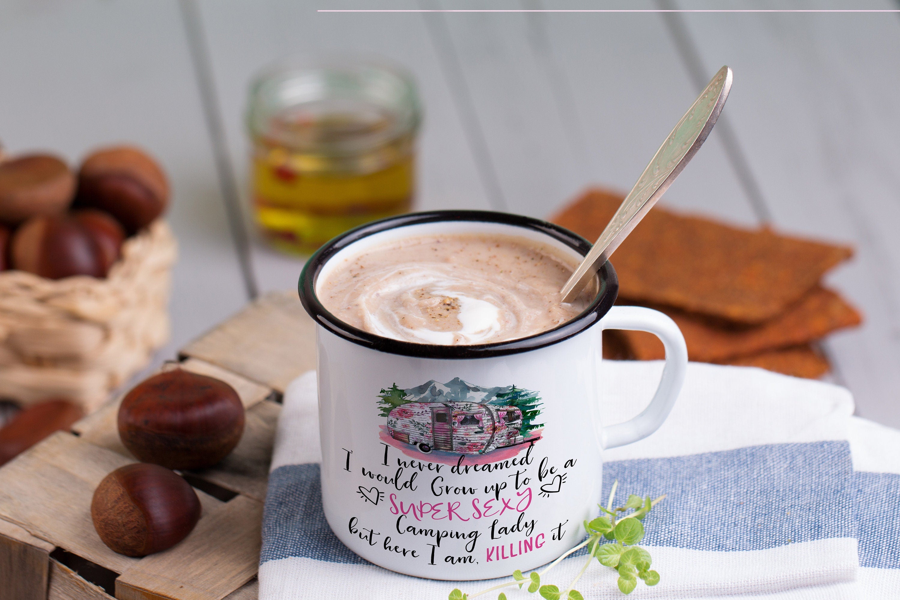 12oz/18oz Sexy Glamping Camp mug for women, Caravan Enamel Mug, Large Travel mug, Party favor gift idea, Coffee Gift Mug for Outdoor Friend