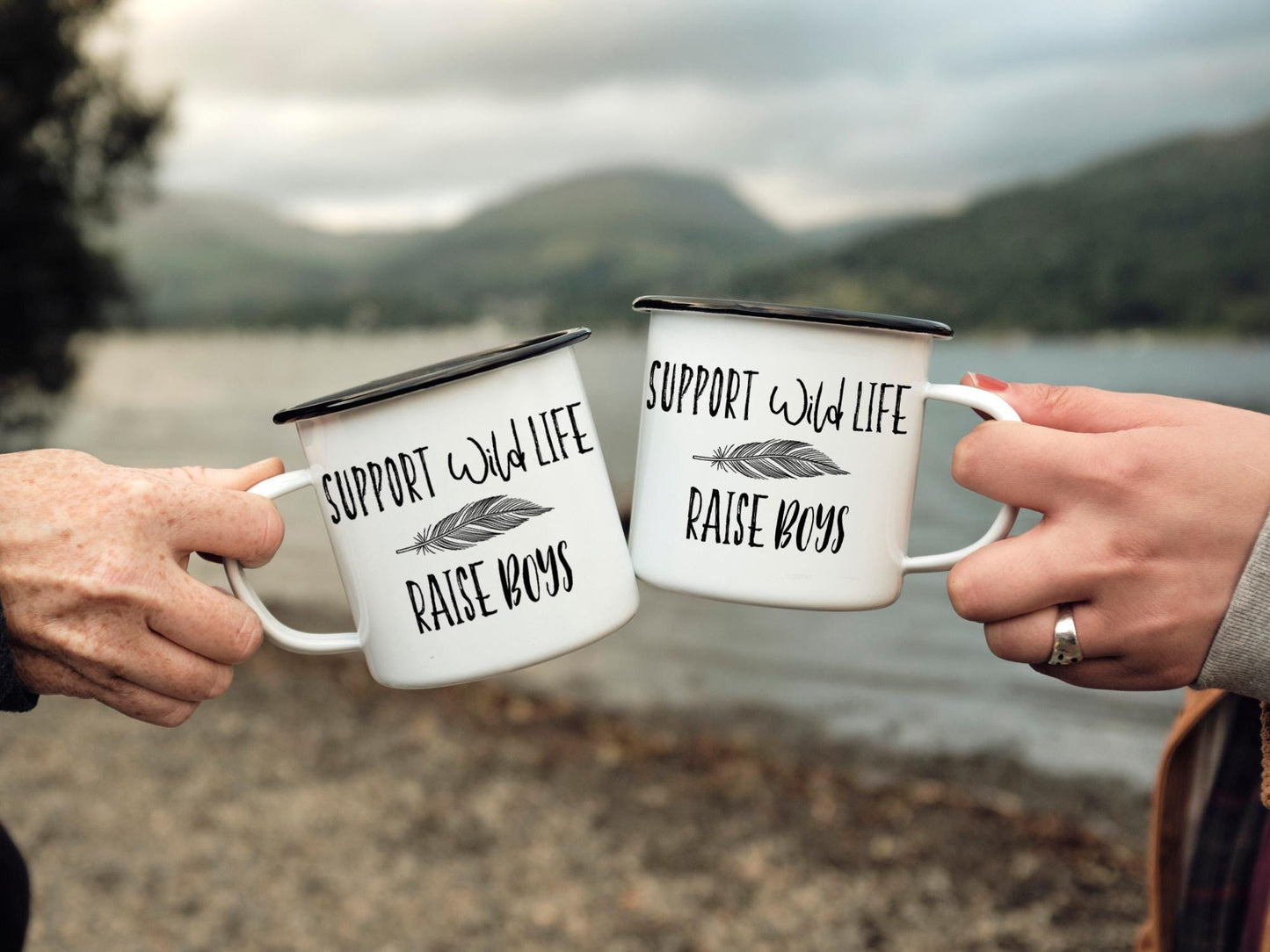 12oz/18oz Parent of boys Enamel Camp Cup, Support wildlife, Dad of boys gift, Mom of boys gift, Outdoor Gear for him/her, Black/Silver Rim