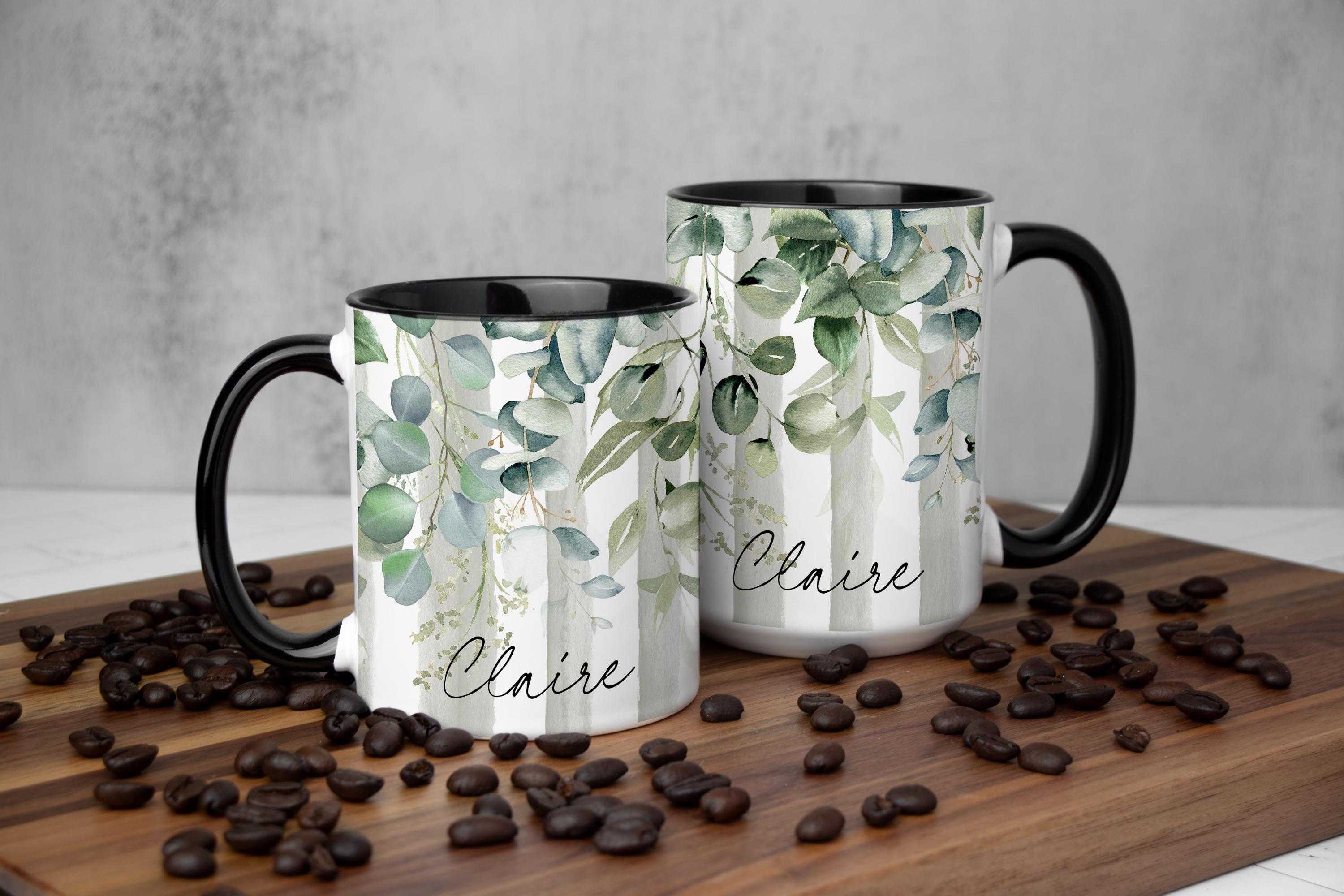Personalized Greenery Mug: Striped Foliage Design, Multiple Sizes & Colors Available (Gift Box Included)