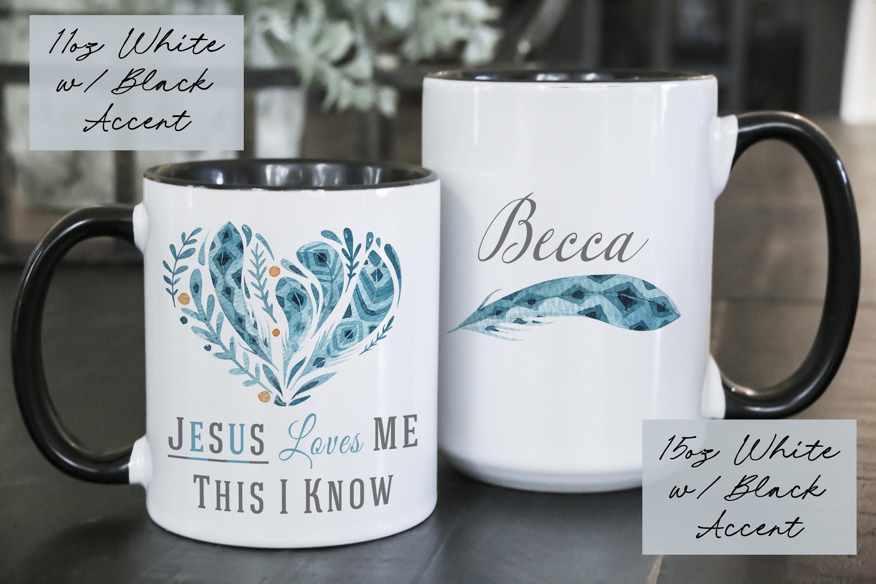 Jesus Loves Me Coffee Mug: Christian Gift with Blue Feather Heart