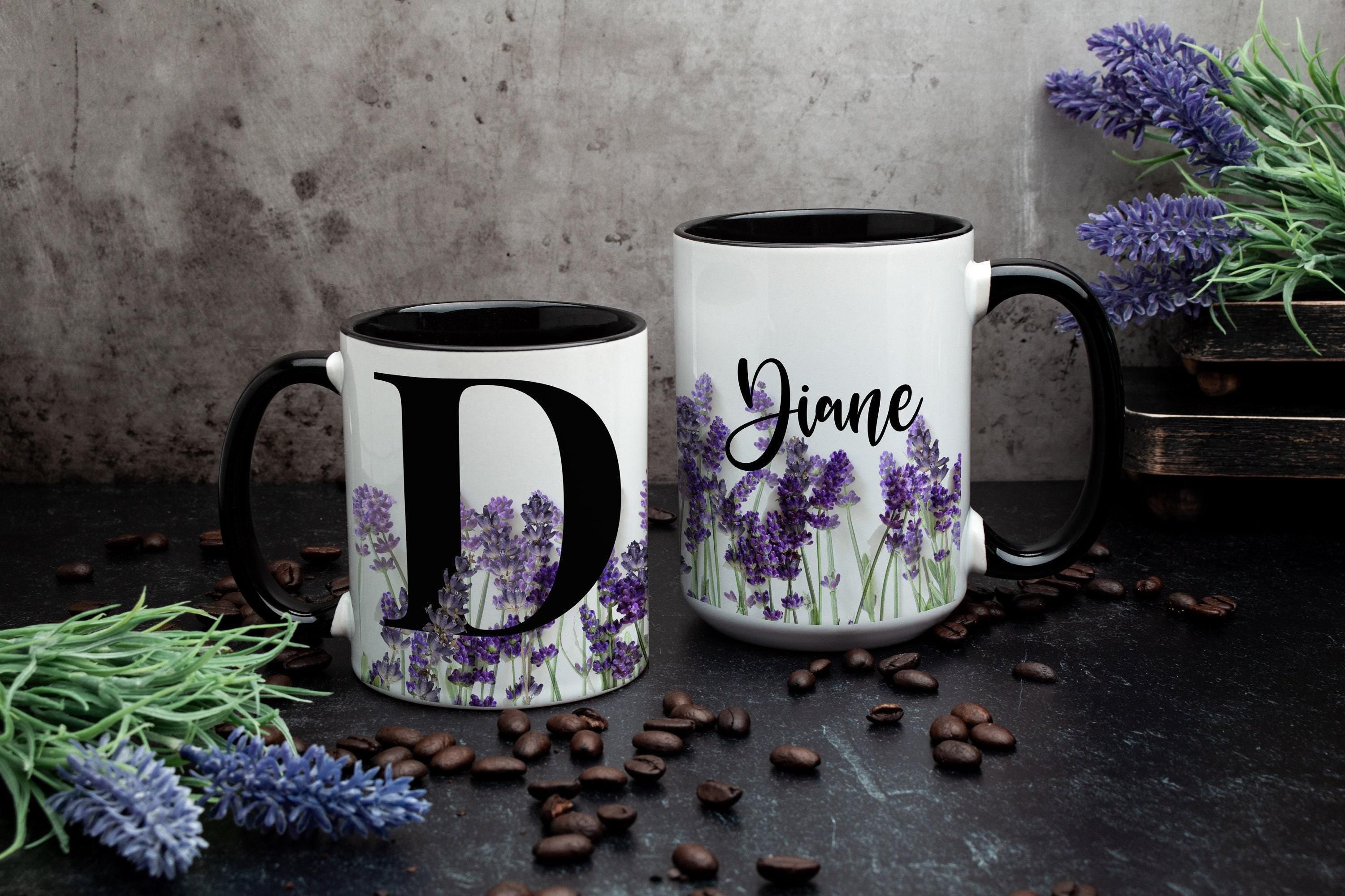 Personalized Lavender Floral Mug: Monogram Gift, Multiple Sizes & Colors Available (Giftbox included)