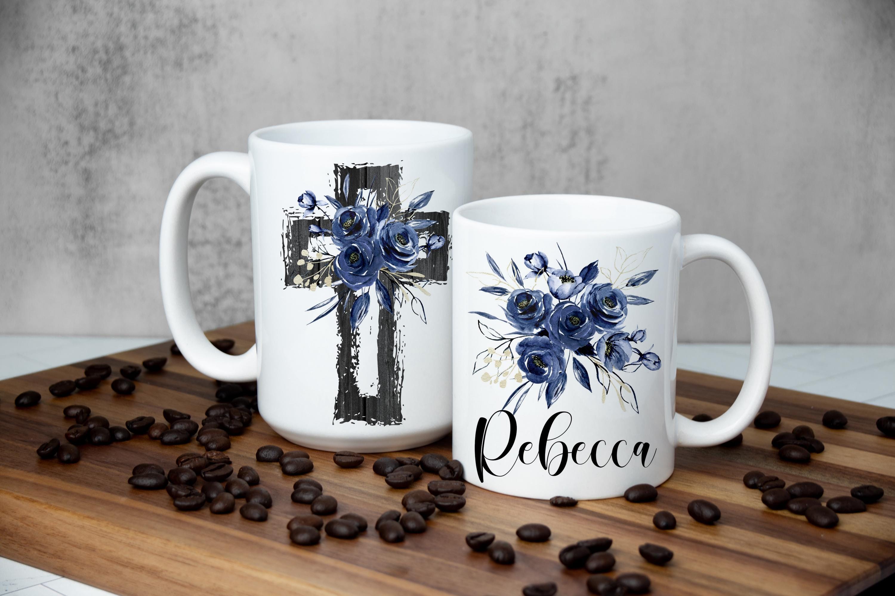 Personalized Cross mug with giftbox, Blue Floral Christian mug, Religious Coffee mug for women, Custom Christian gift for her, Easter mug
