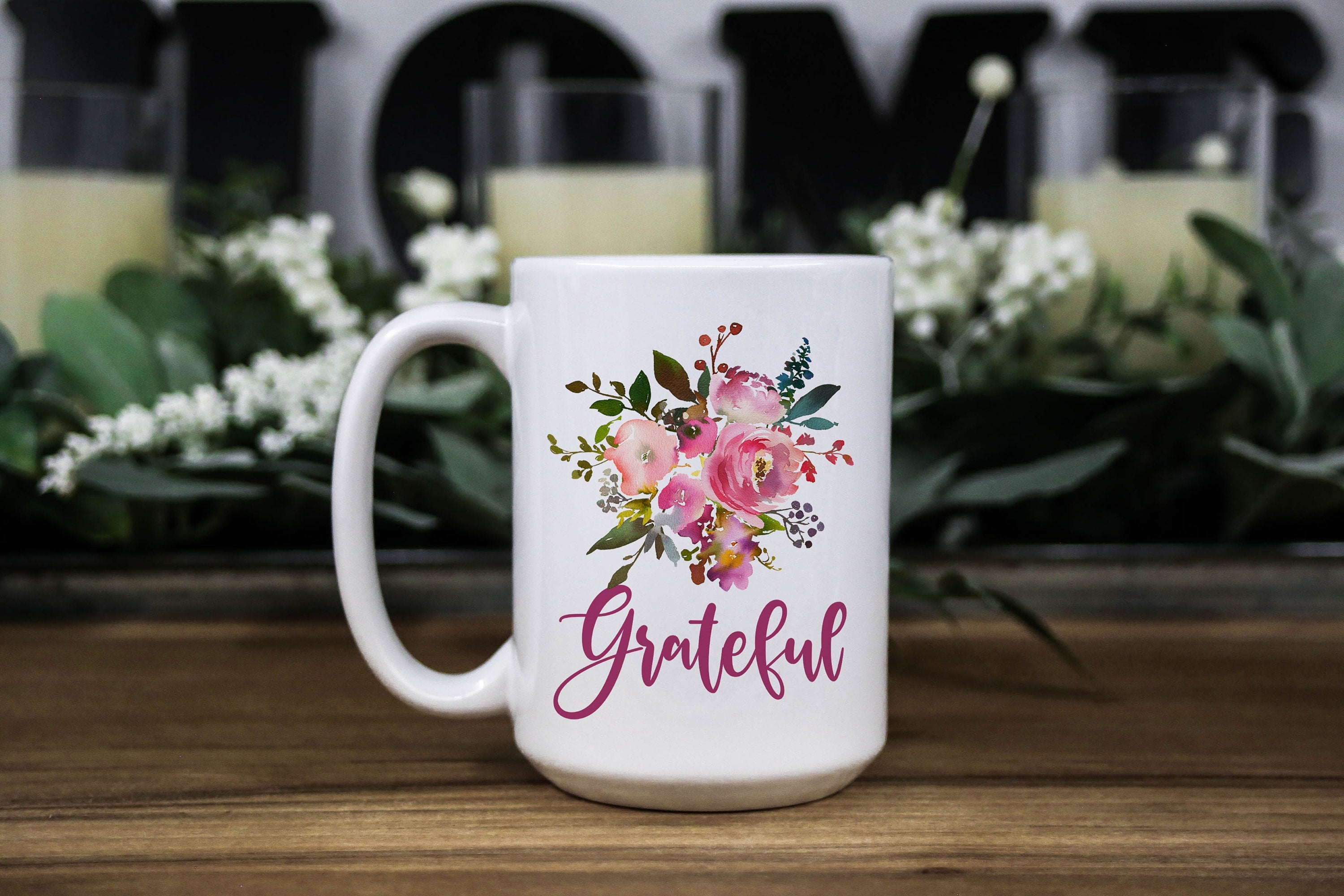 Grateful Pink Floral Coffee Mug: Inspirational Religious Gift
