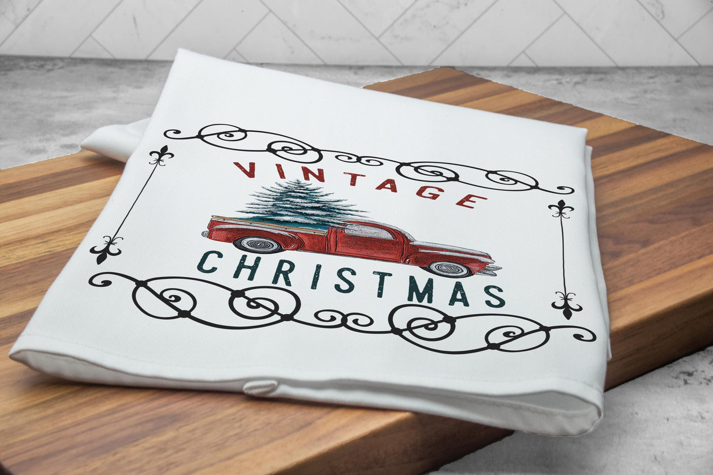 Tea Towel Vintage Christmas Truck Christmas Tree  Kitchen Towel, Funny Kitchen Towel, Dish Towels, Hanging Kitchen Towels, Hand Towel