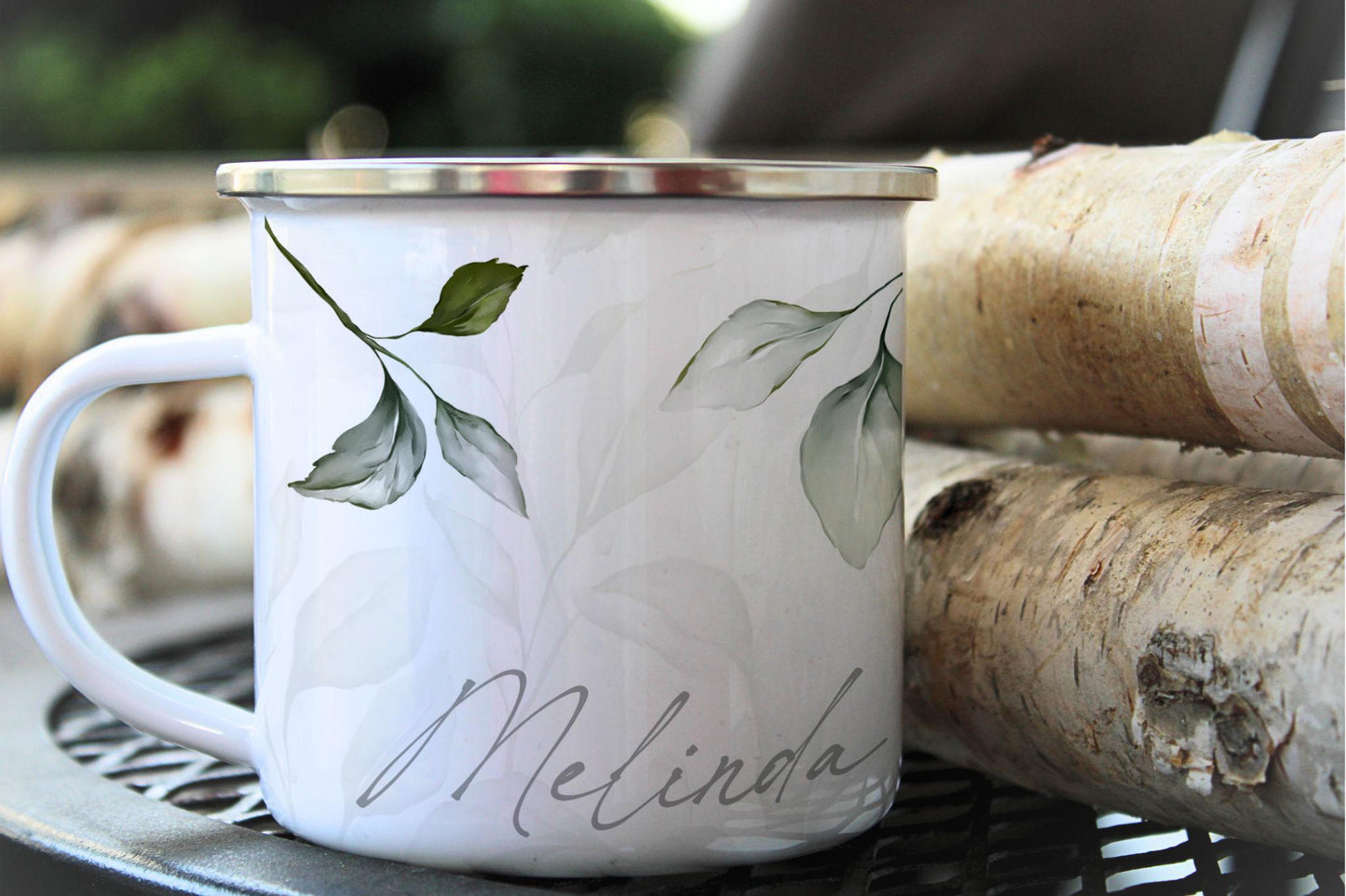 12oz/18oz Rustic Personalized Enamel Camp Cup with Leaf Motif, Nature Lover Gift, Outdoor Adventure Gear for her/him in silver & black rim