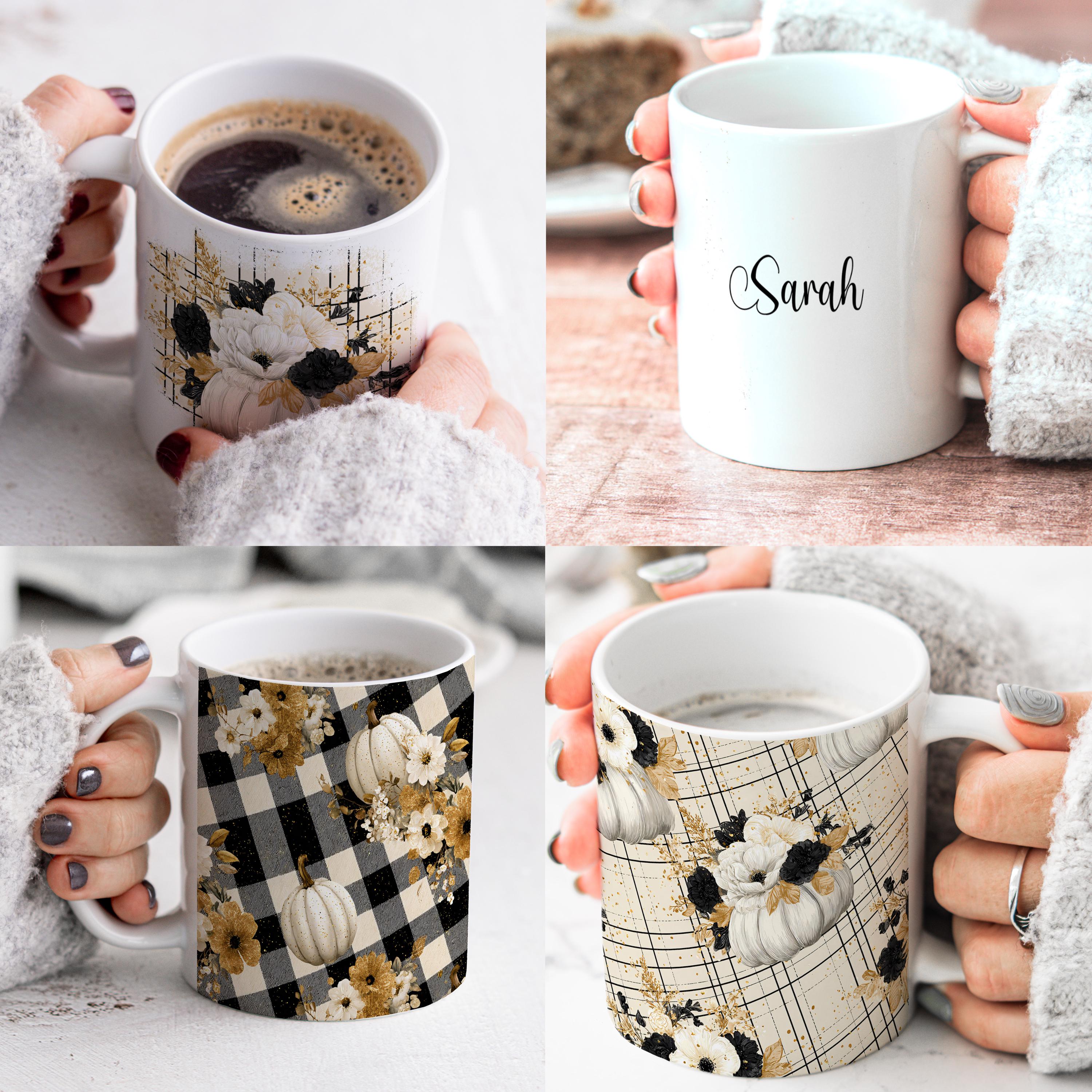 Custom Pumpkin Floral Coffee Mug: Buffalo Plaid Fall Decor Set