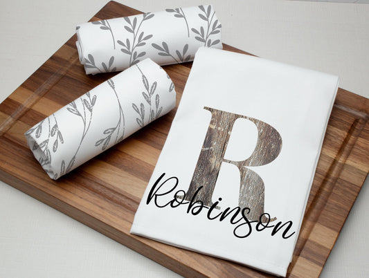 Personalized Farmhouse Tea Towel Set: Custom Monogram Kitchen Towels with Complementary Patterns, Rustic Kitchen Decor Gift