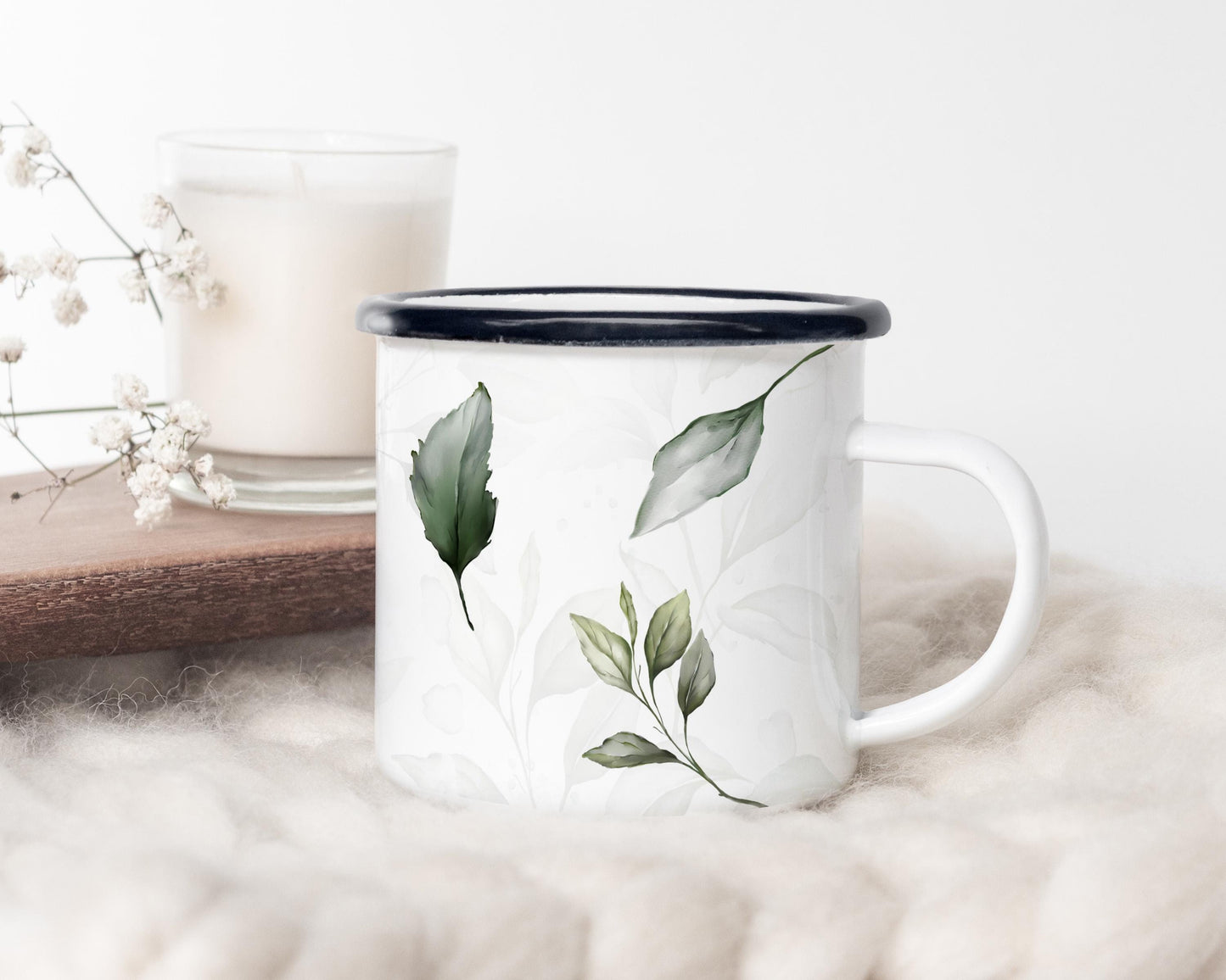 12oz/18oz Rustic Personalized Enamel Camp Cup with Leaf Motif, Nature Lover Gift, Outdoor Adventure Gear for her/him in silver & black rim