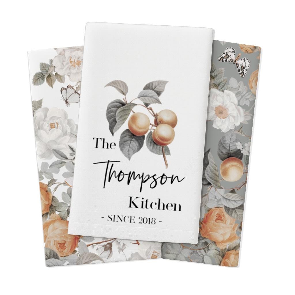 Personalized Peach Floral Tea Towel Set: Botanical Kitchen Decor