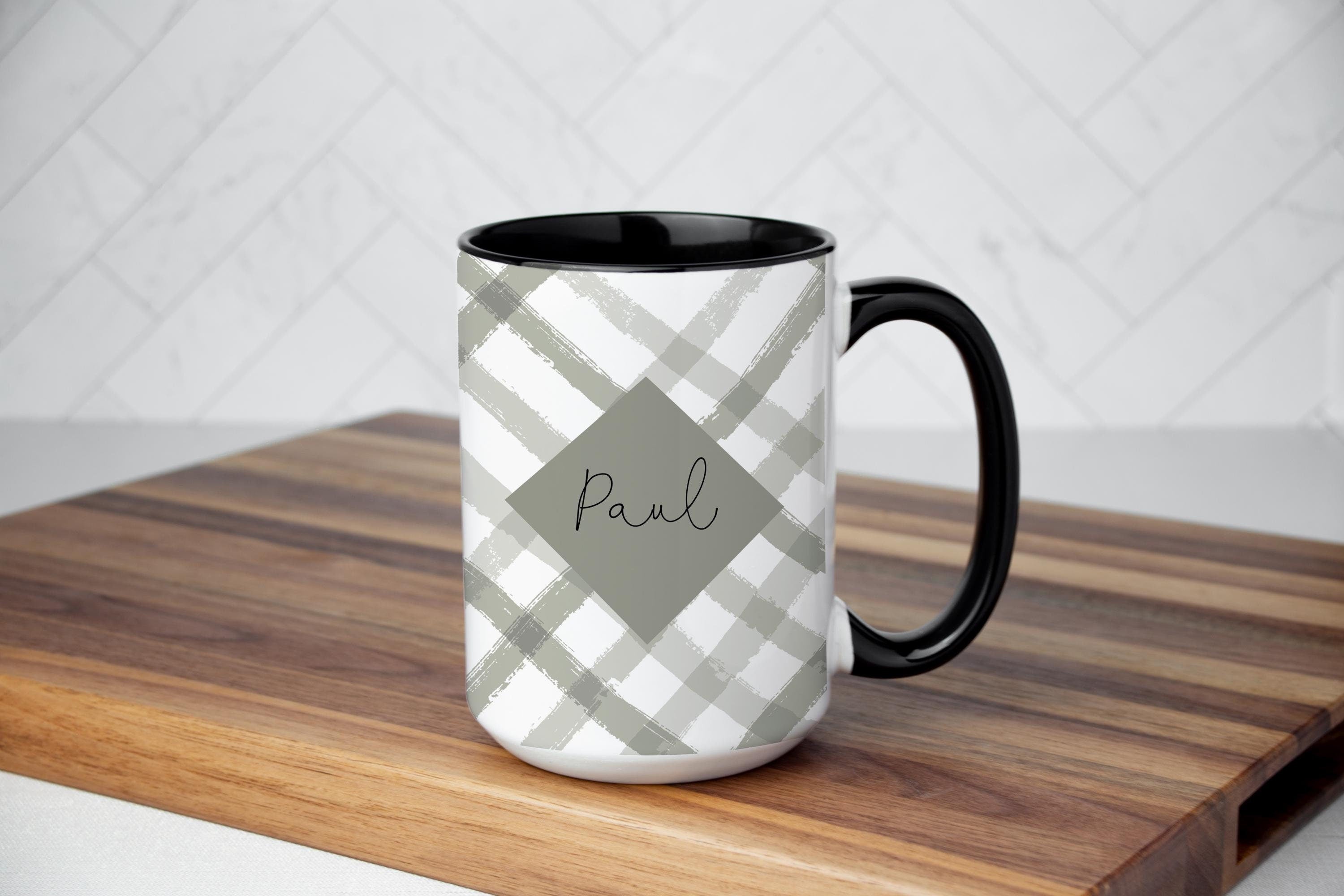 Personalized Plaid Mug: Masculine Coffee Cup, Multiple Sizes & Colors Available (Giftbox Included)