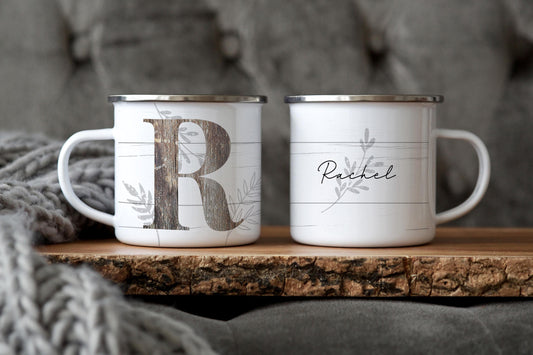 12oz/18oz Rustic Personalized Enamel Camp Cup, Farmhouse kitchen decor, Nature Lover Gift, Outdoor Adventure Gear for her/him