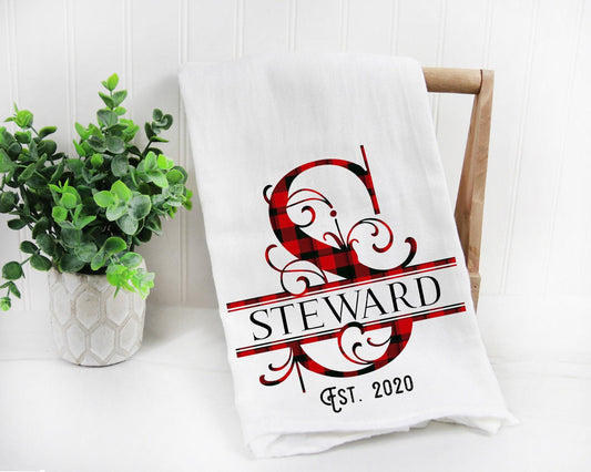 Personalized Christmas Tea Towel,  Buffalo Plaid Kitchen Towel, Monogram Custom Tea Towel, Last Name Tea Towel, Kitchen Dish Towels