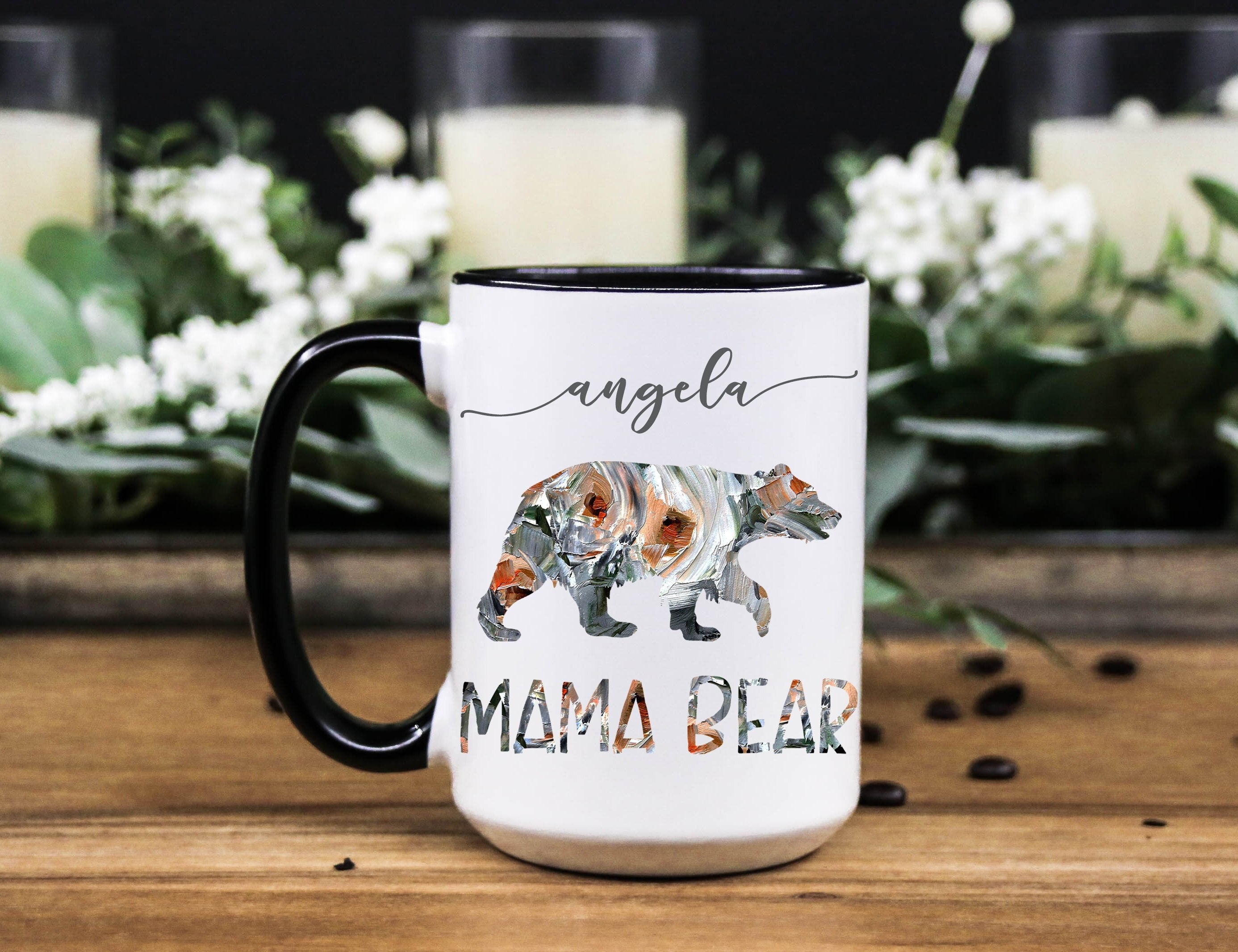 Personalized Mama Bear Mug: Floral Ceramic Coffee Mug, Multiple Sizes & Colors Available (Giftbox included)