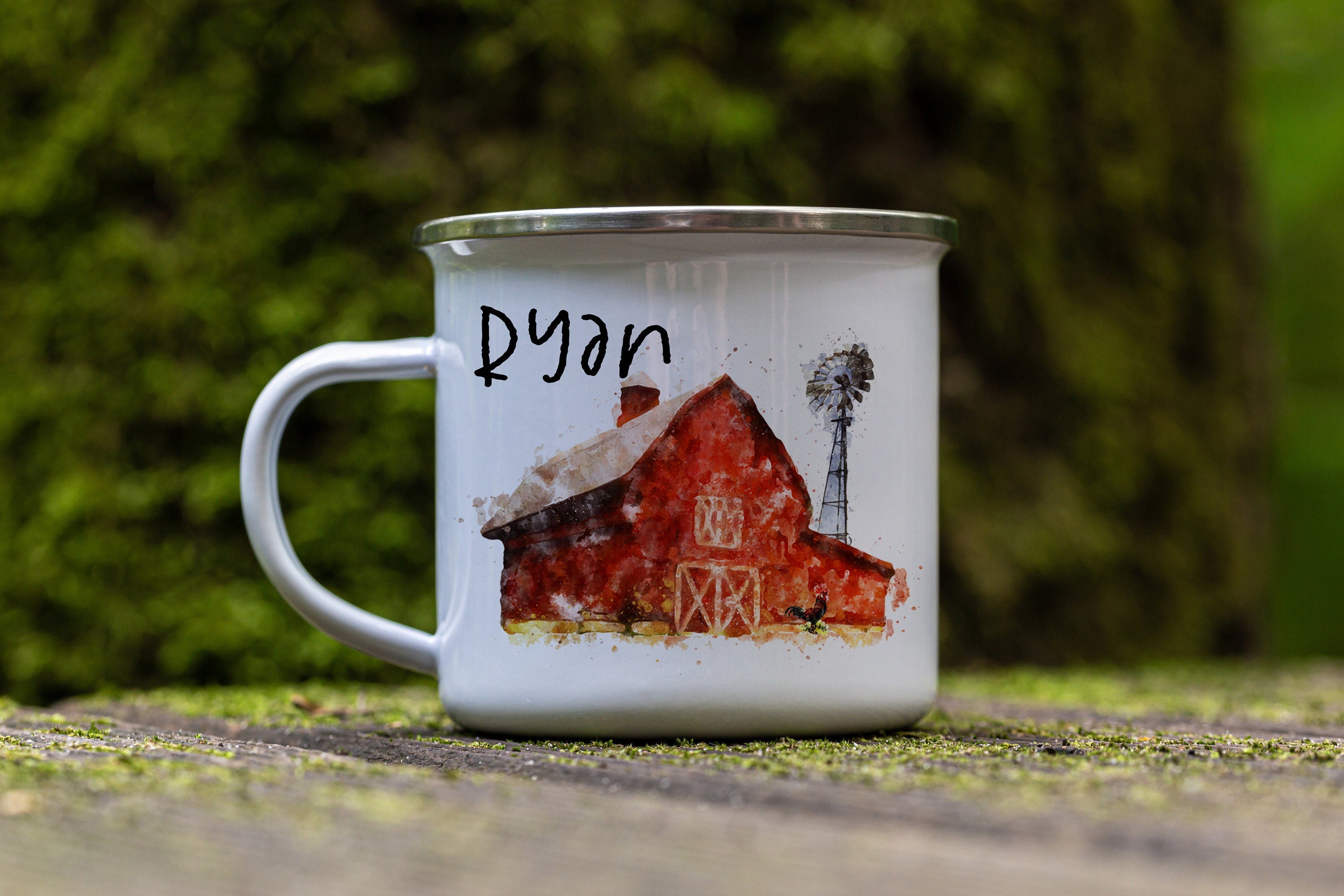 Personalized Barn Enamel Camp Mug: Custom Kids Mug, Farmhouse Decor