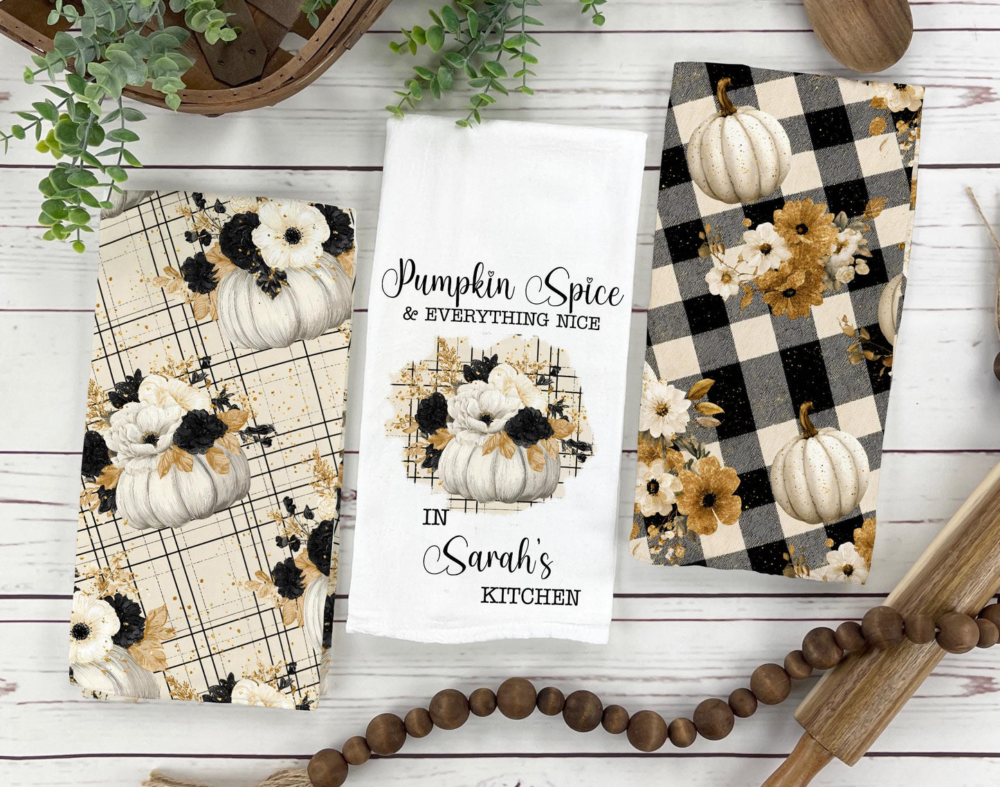 Pumpkin Spice Tea Towel Set – Personalized Fall Kitchen Towels with Custom Name, Rustic Farmhouse Pumpkin Decor, Autumn Hostess Gift