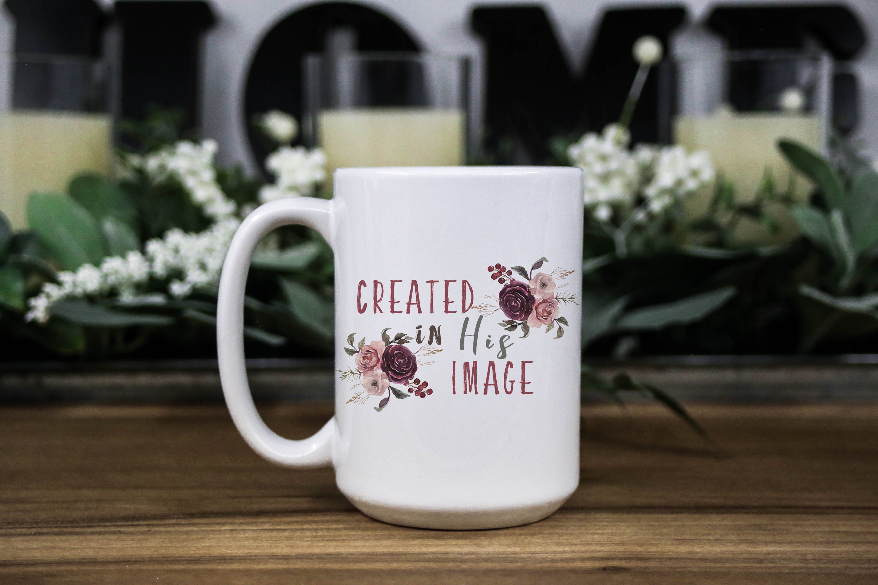 Floral Coffee Mug: "Created in His Image" Bible Verse, Christian Gift