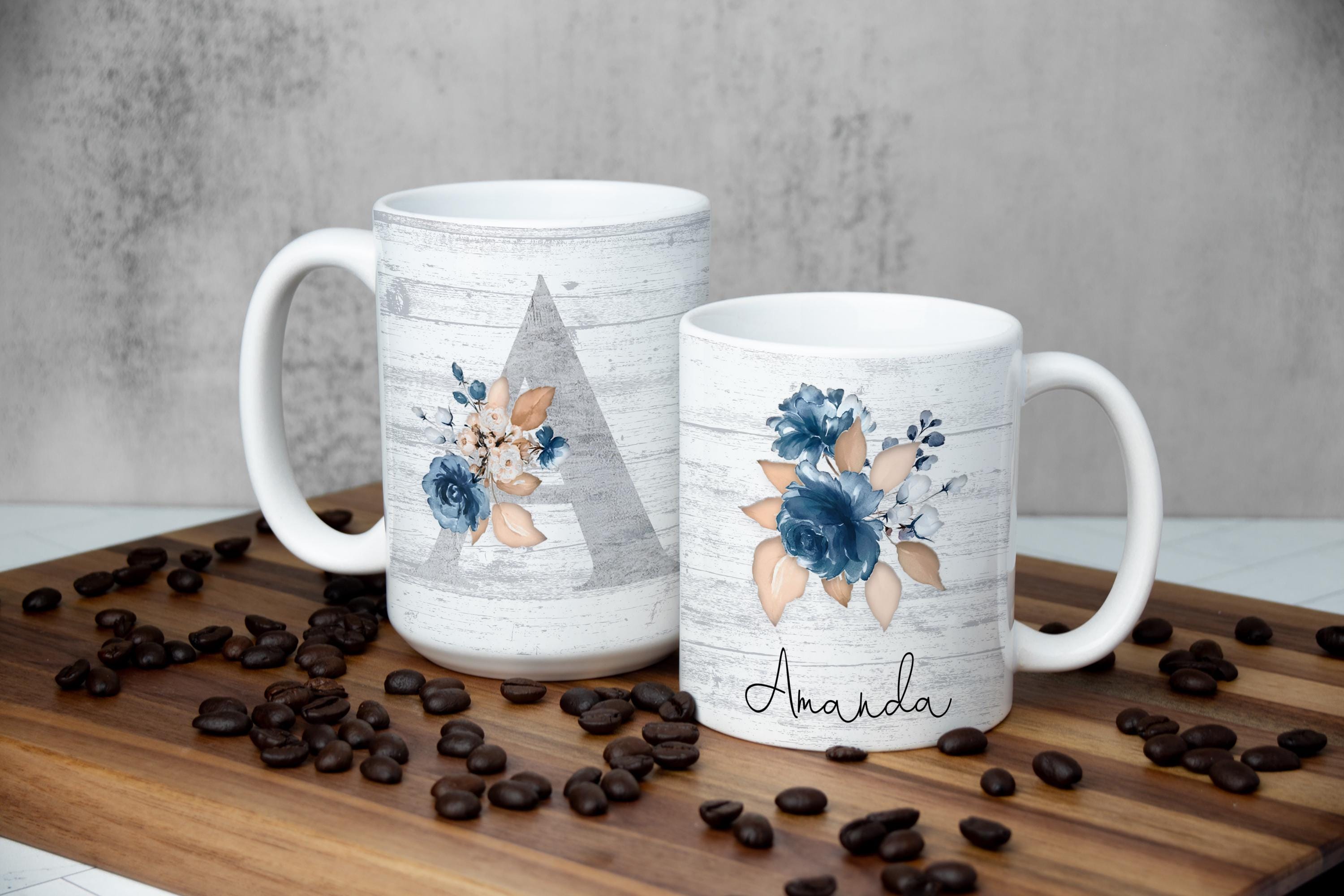 Personalized Floral Mug: Rustic Blue Flowers, Monogrammed Gift