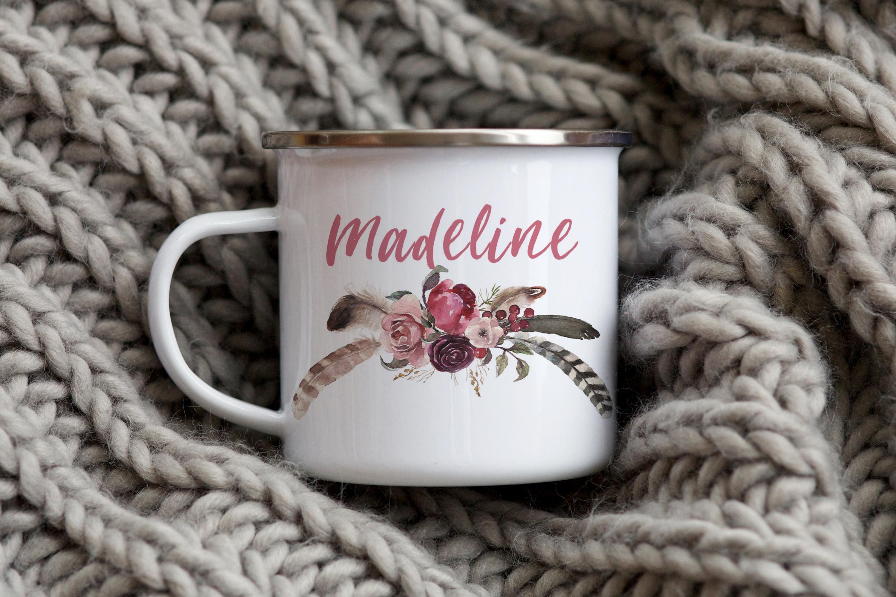 Personalized Boho Floral Enamel Camping Mug - Outdoor Gift, Multiple Sizes & Colors Available