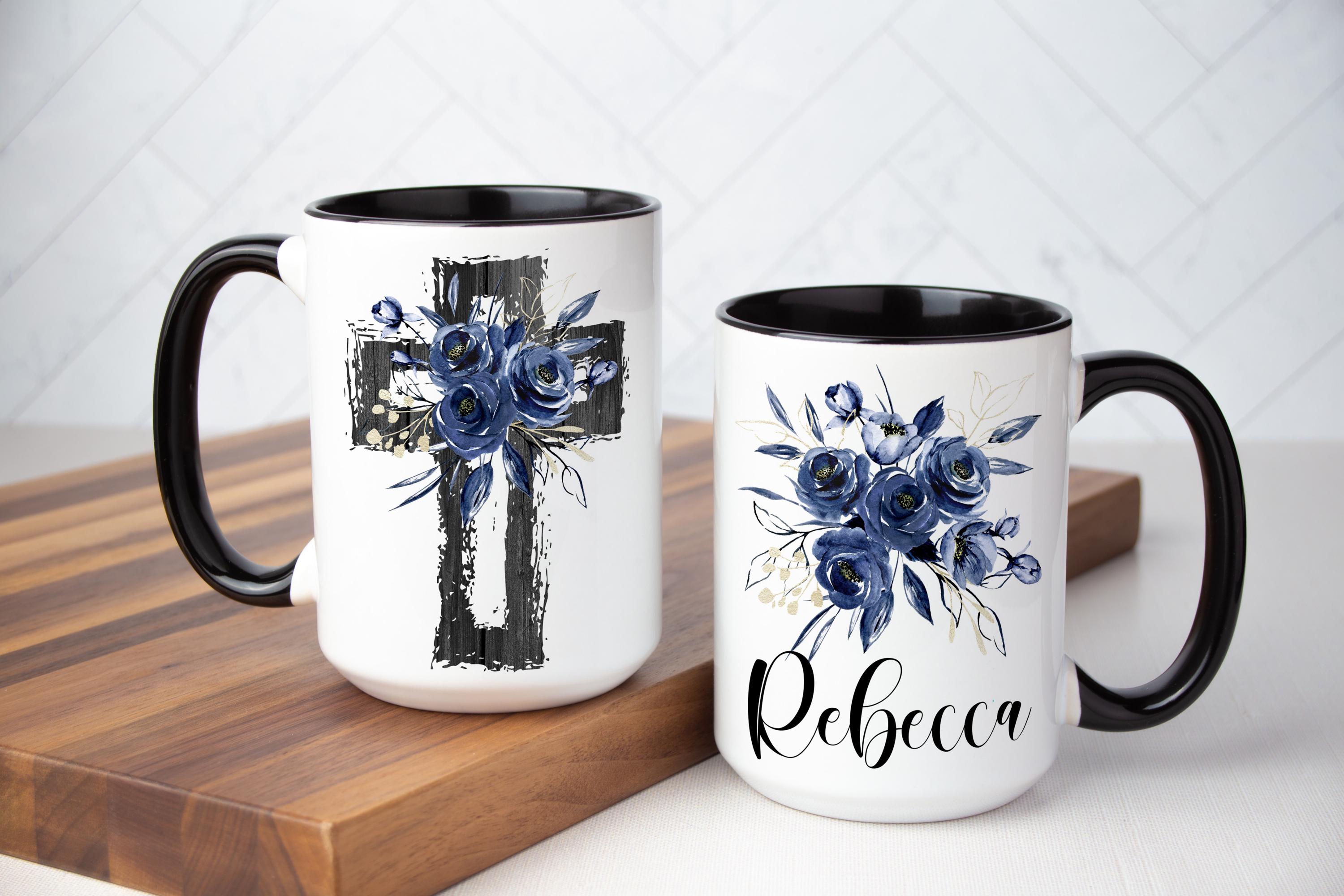 Personalized Cross mug with giftbox, Blue Floral Christian mug, Religious Coffee mug for women, Custom Christian gift for her, Easter mug