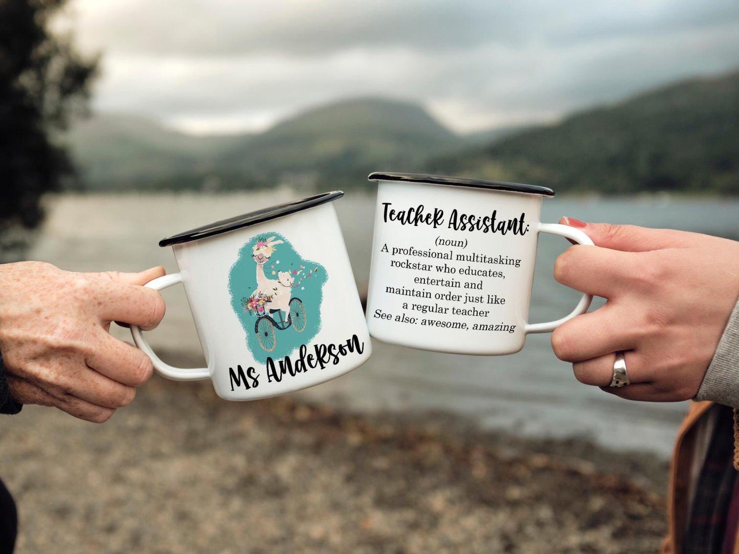 12oz/18oz Custom Teacher Assistant Enamel Cup with custom definition, Cute Llama design, Nature Lover gift, Outdoor Adventure Gear for her