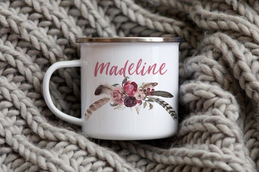 12oz/18oz Personalized Boho Pink Mauve Floral Enamel Camping Mug - Perfect for Adventurous Women, Campfire Mug, Outdoor Gift for her
