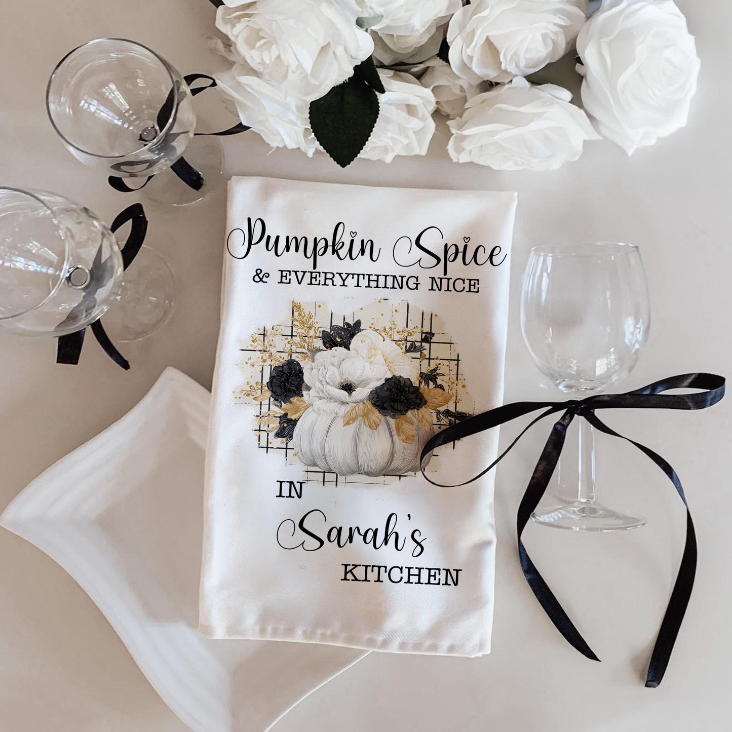 Pumpkin Spice Tea Towel Set – Personalized Fall Kitchen Towels with Custom Name, Rustic Farmhouse Pumpkin Decor, Autumn Hostess Gift
