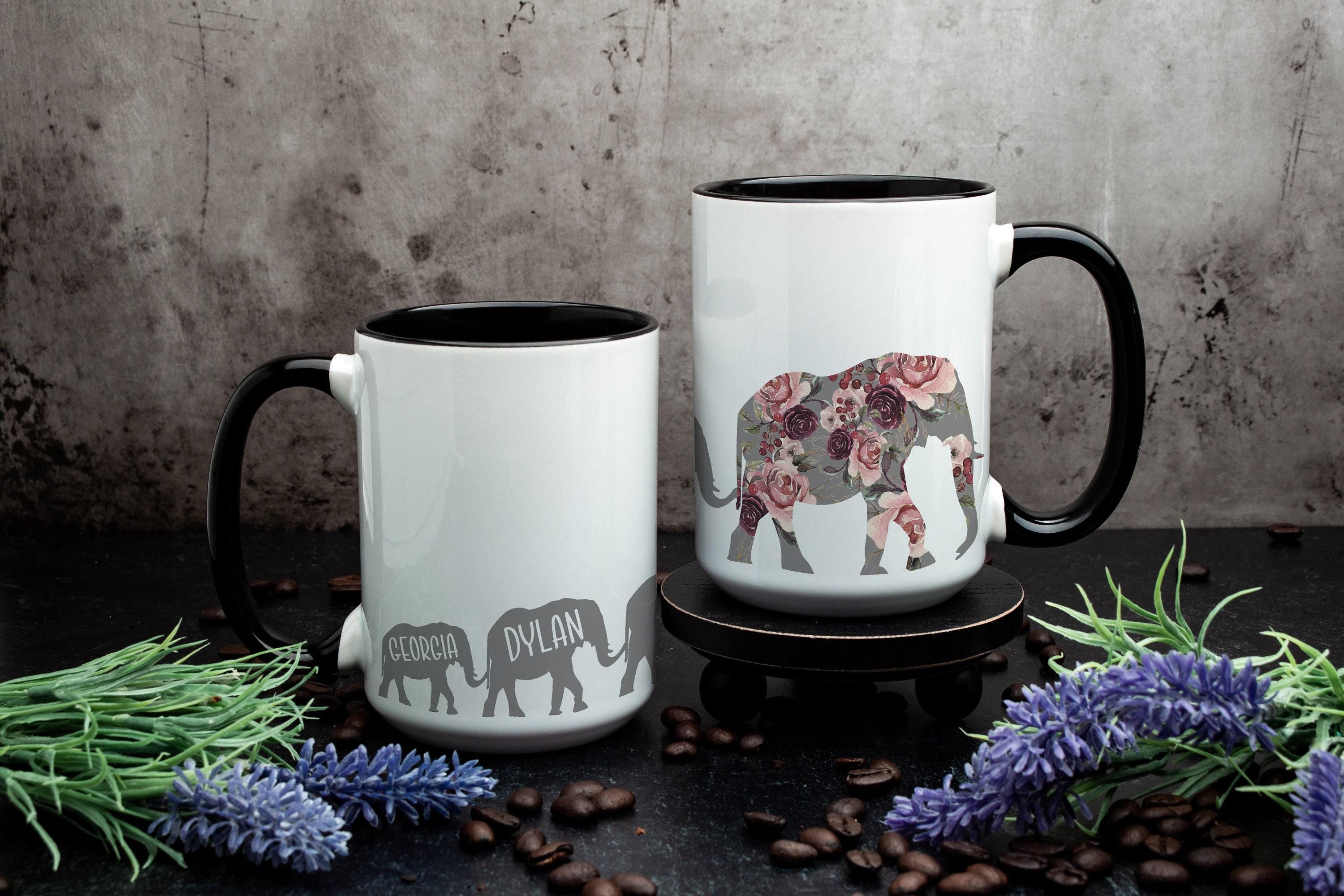 Mauve Pink Floral Mama Elephant Mug with Custom Kids, Personalized Family Gift Mug