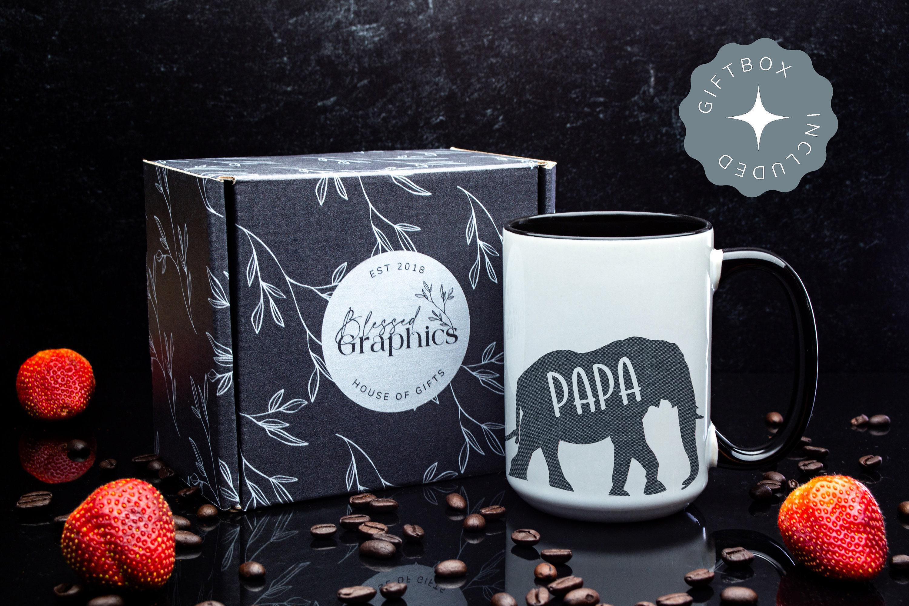 Personalized Papa Mug with Kids, Giftbox included, Custom Father's Day Gift with elephant design, Ceramic Coffee Cup, Size and color options