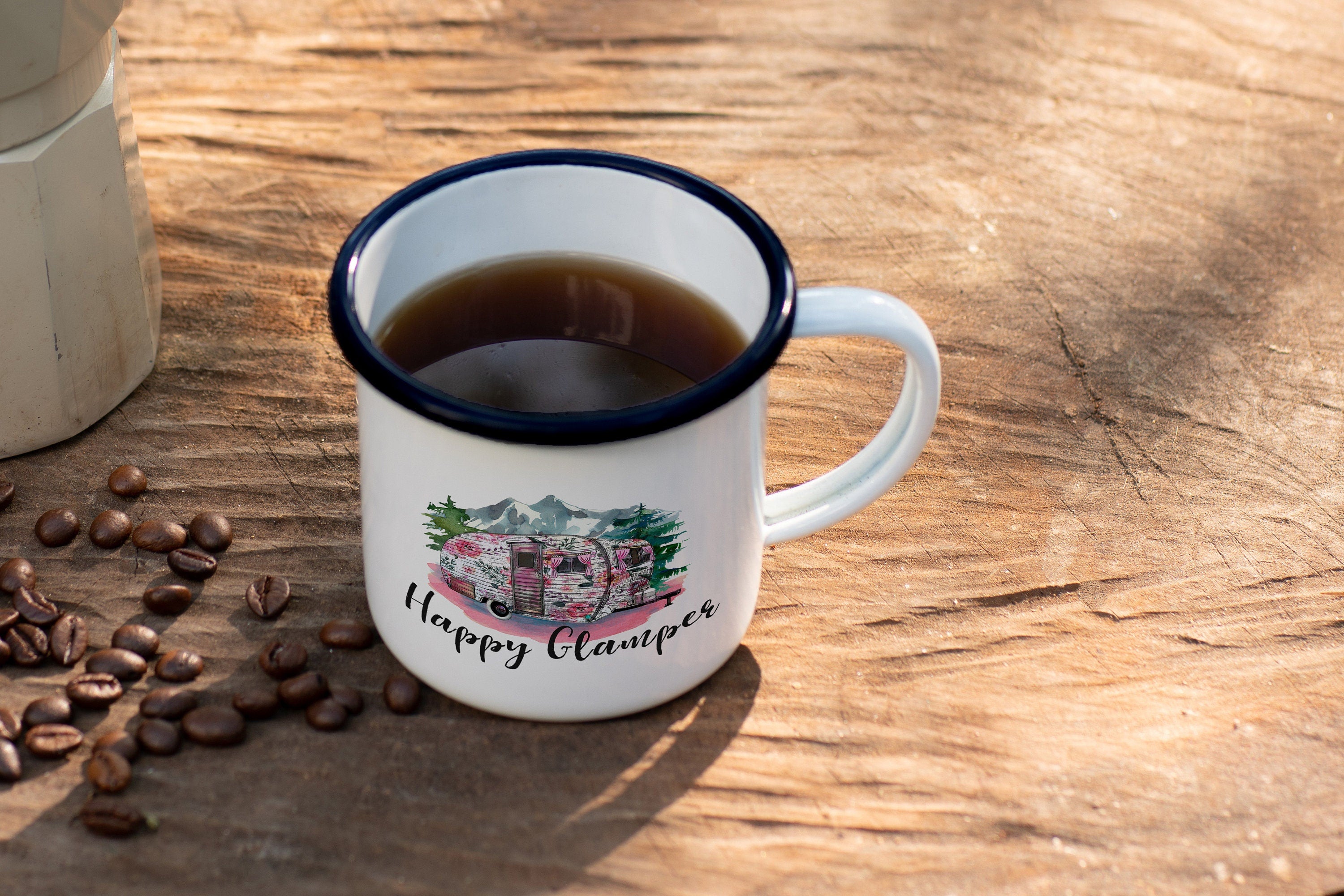 Enamel Camping Mug: Caravan Glamping Travel Mug, Multiple Sizes & Colors Available (Gift Box Included)
