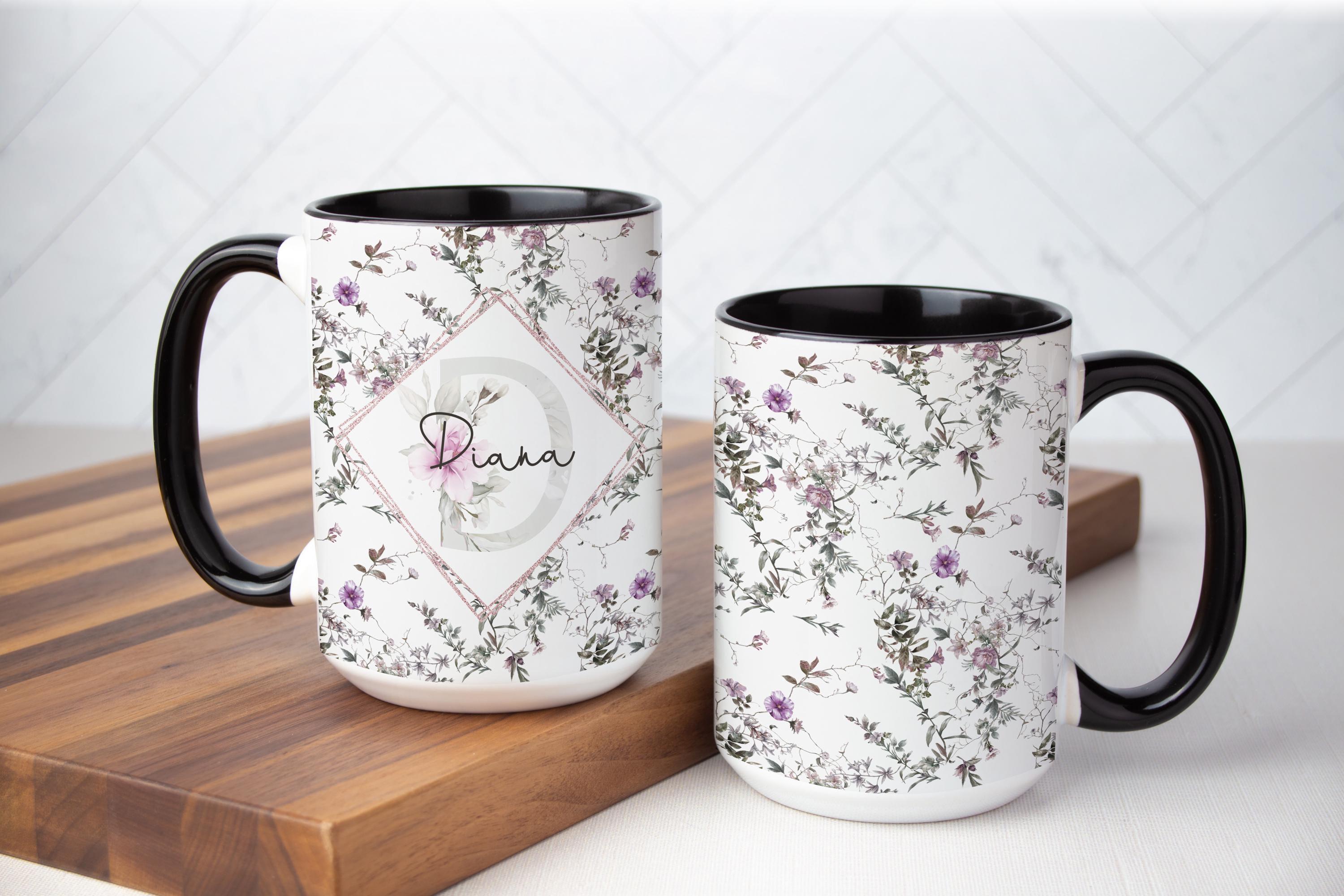 Floral Print Mug for Women, GiftBox included, Pink/Purple Floral Drinkware, Options for Monogram/Initial & Custom Name, Perfect Gift for Her
