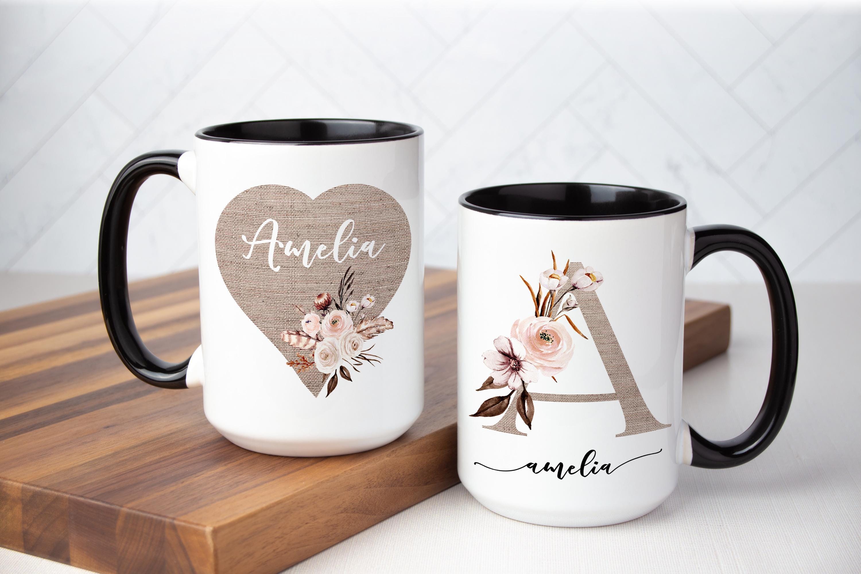 Floral Monogram Coffee Mug: Personalized Ceramic Tea Lover Gift