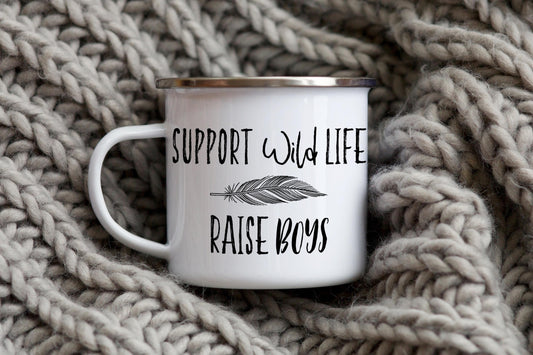 12oz/18oz Parent of boys Enamel Camp Cup, Support wildlife, Dad of boys gift, Mom of boys gift, Outdoor Gear for him/her, Black/Silver Rim