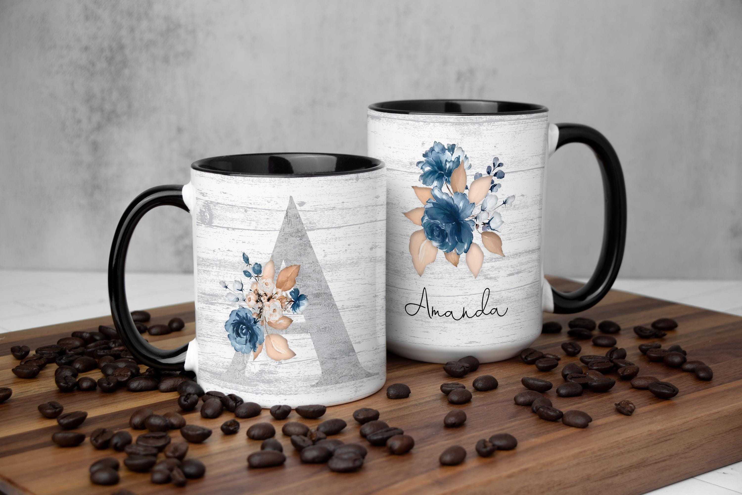 Personalized Floral Mug: Rustic Blue Flowers, Monogrammed Gift
