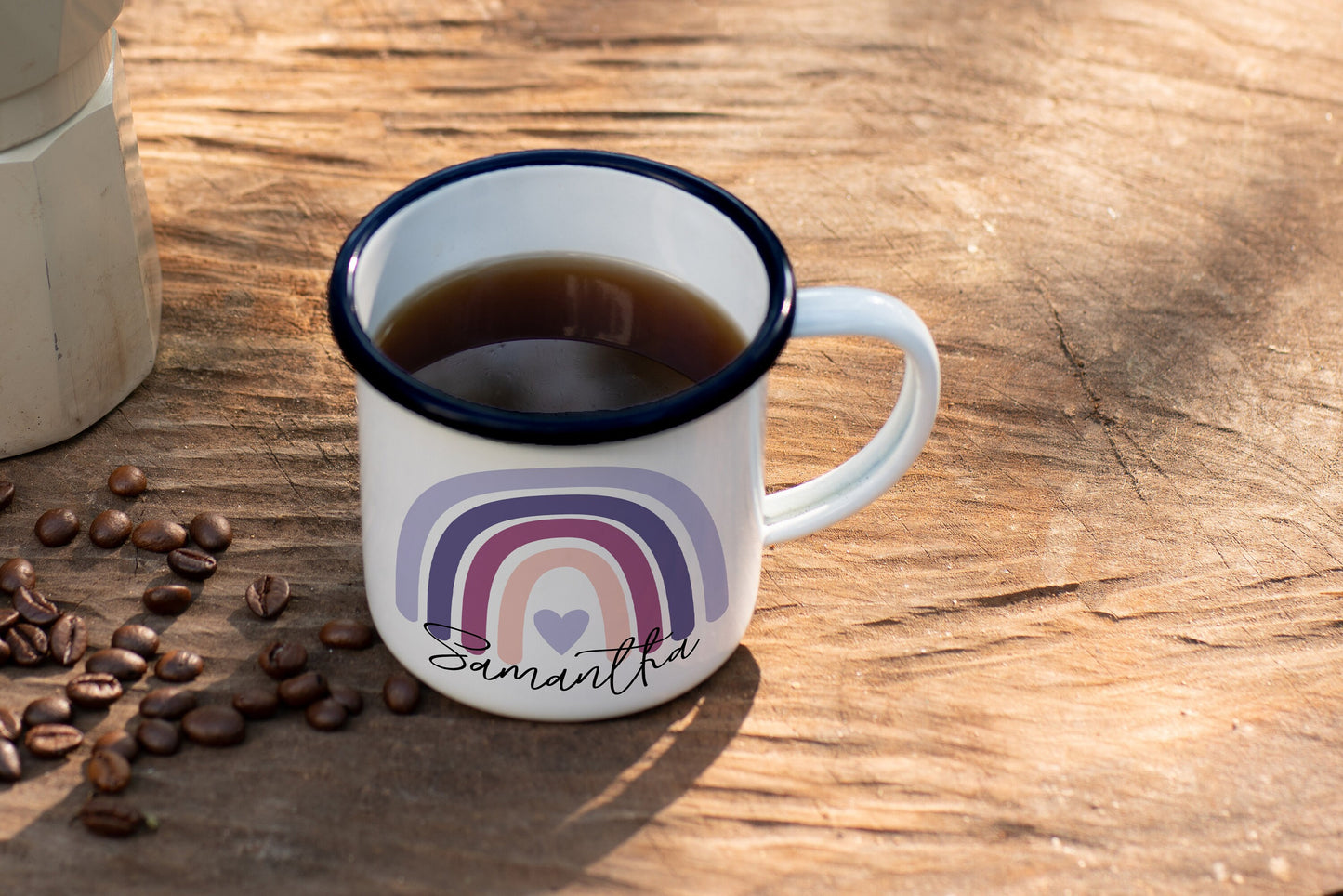 12oz/18oz Personalized Rainbow Camp mug, Custom Purple Enamel Mug, Children's Name Mug, Custom Kids Mug, Kid's Party favor gift ideas